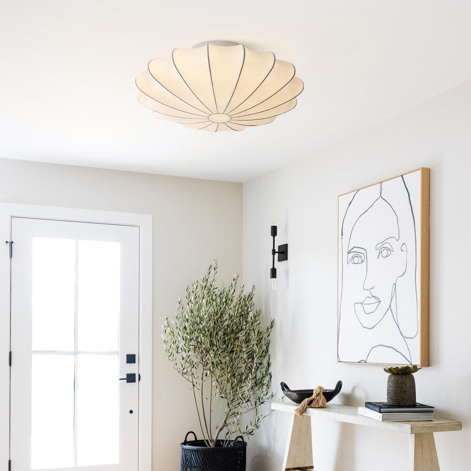 Modern Farmhouse Semi Flush Mount Kitchen Ceiling Light Vintage White Fabric Ceiling Light 20 Inch Close to Ceiling Light Fixtures Living Room Ceiling Lamp Indoor Hallway Lighting MCL21-50