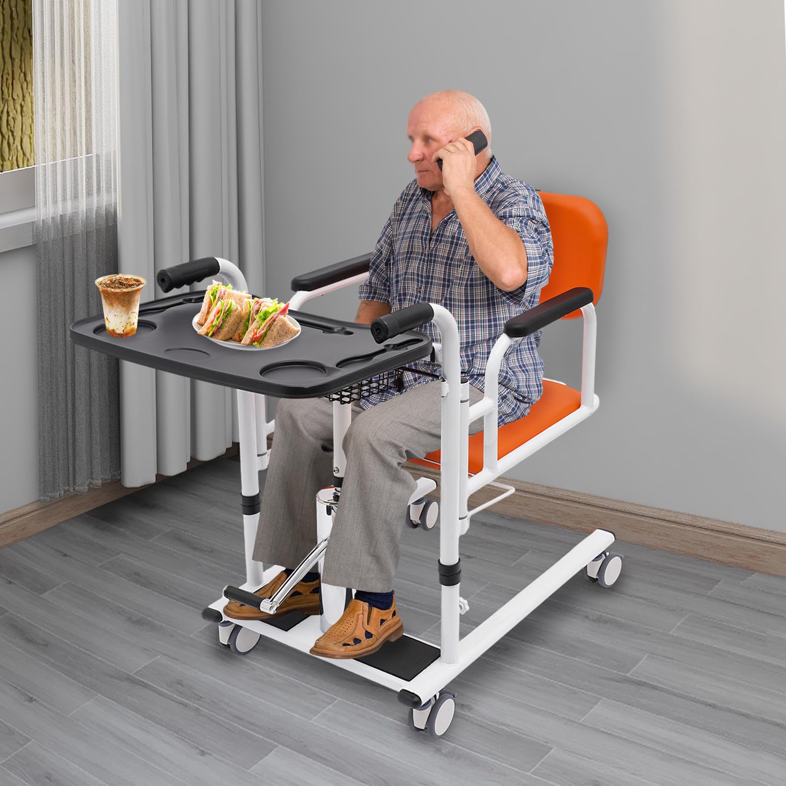 Silla de transferencia hidráulica de 150 kg con 4 ruedas de freno, altura ajustable (41 – 65 cm) y apertura de 180° para enfermería/hospital, incluye orinal y asiento de poliuretano
