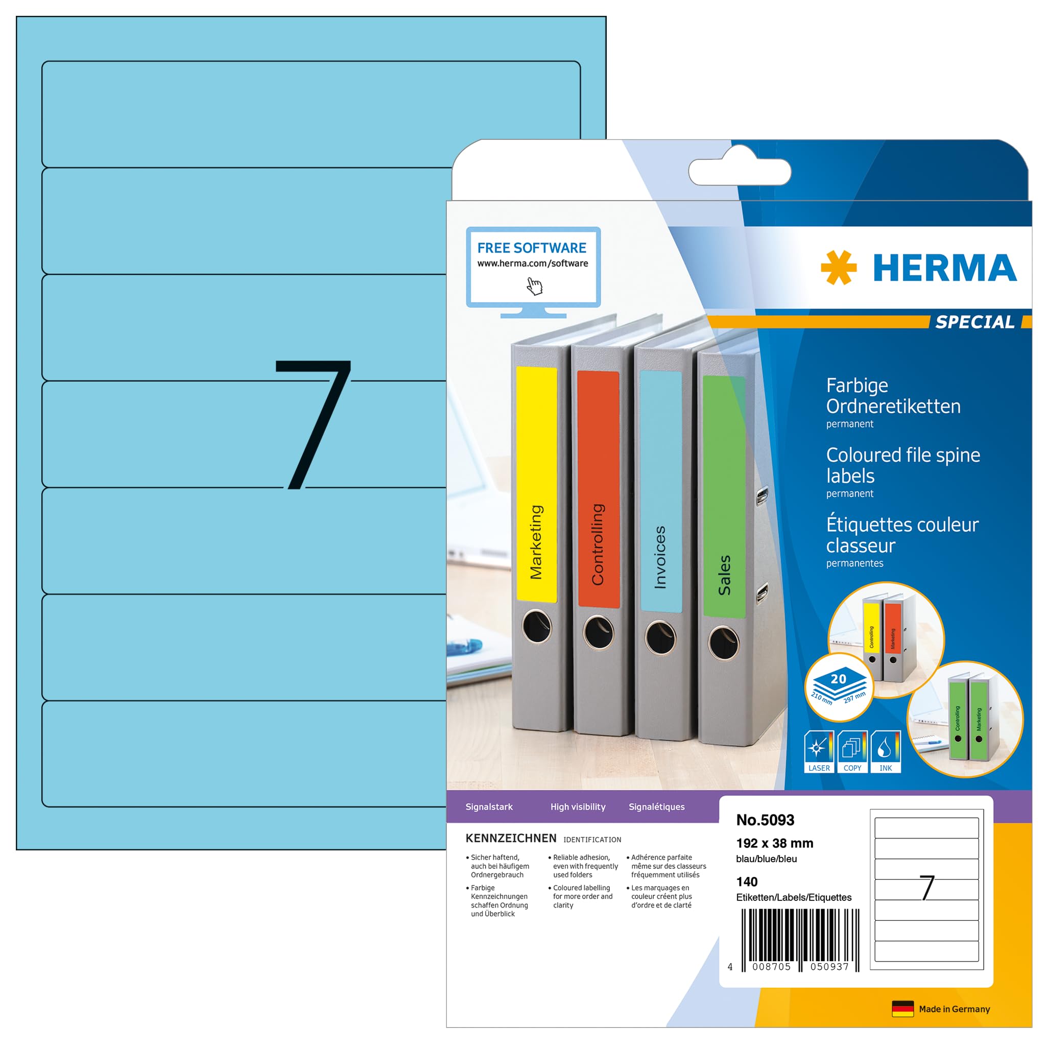 HERMA Self Adhesive Spine Labels, 7 Labels per A4 Sheet, 20 Sheets, 192 x 38 mm, 140 Labels, Blank Lever Arch File Folder Labels Stickers, Sticky Labels for Laser & Inkjet Printer, Blue