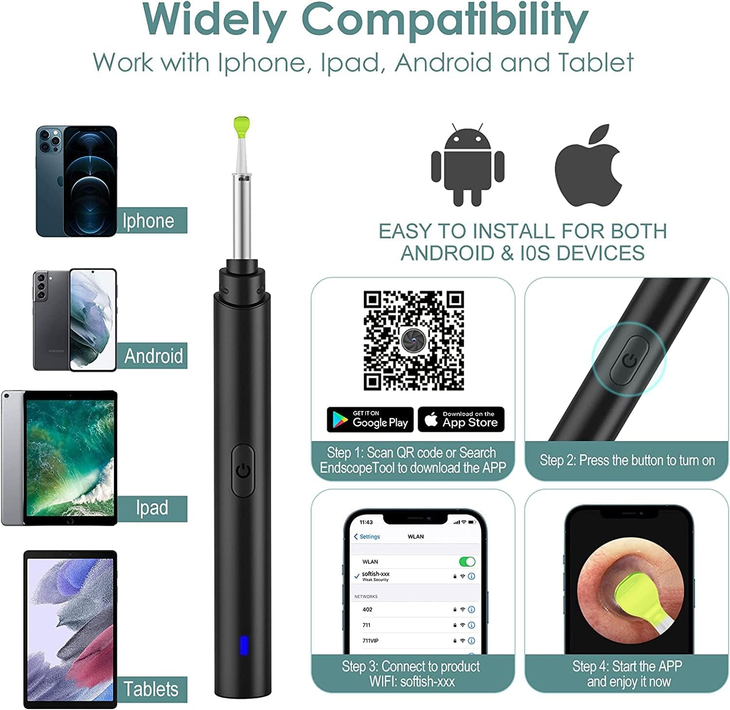 Ear Wax Removal Tool Camera, Smart Visual Ear Cleaner, 1296P FHD Wireless Ear Otoscope with 6 LED Lights, IP67 Waterproof WiFi Ear Cleaning Kit, Ear Camera for iPhone, iPad, Android Smart Phone, Black