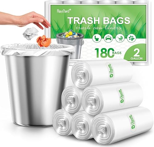 RayPard - Bolsas de basura pequeñas de 2 galones y 180 unidades, se ajustan a cestas de basura de 6 a 7.5 litros, bolsas de basura fuertes de 1.8 a