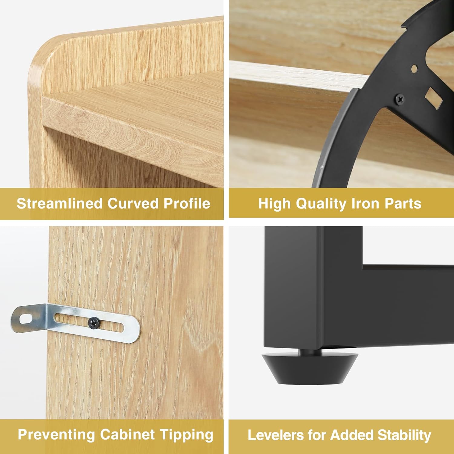 Detailed view of cabinet components including curved profile, iron parts, anti-tipping bracket, and levelers