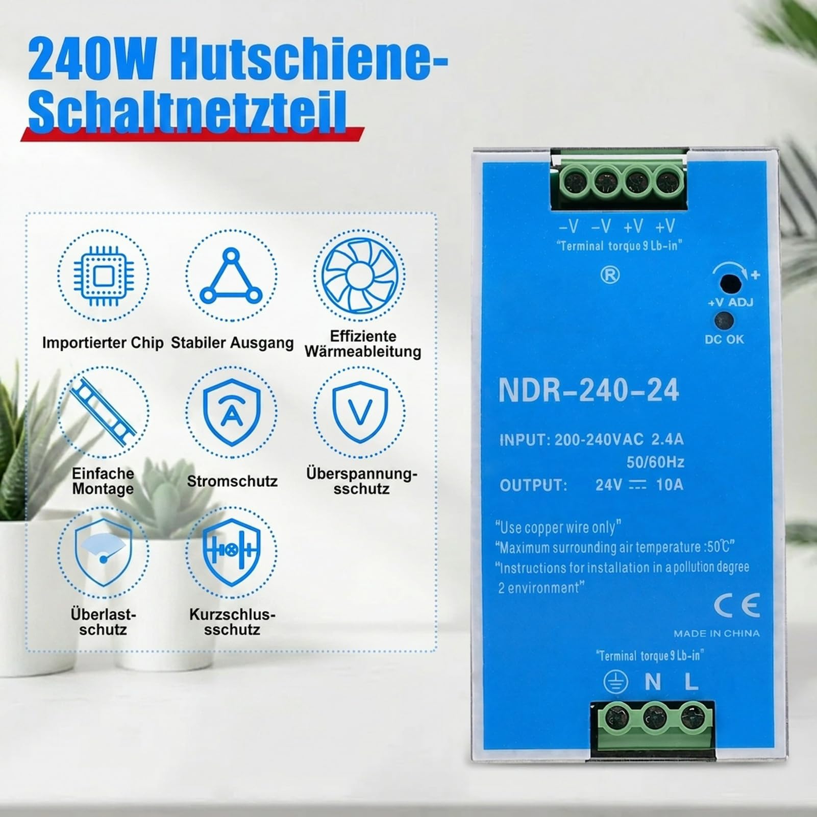 24V Netzteil hutschiene 240W DIN-Schienen-Schaltnetzteil Eingang AC 100-220V 2,4A Ausgang DC 24V 10A Mehrere Schutzfunktionen Industrielles Modell NDR-240W-24V.