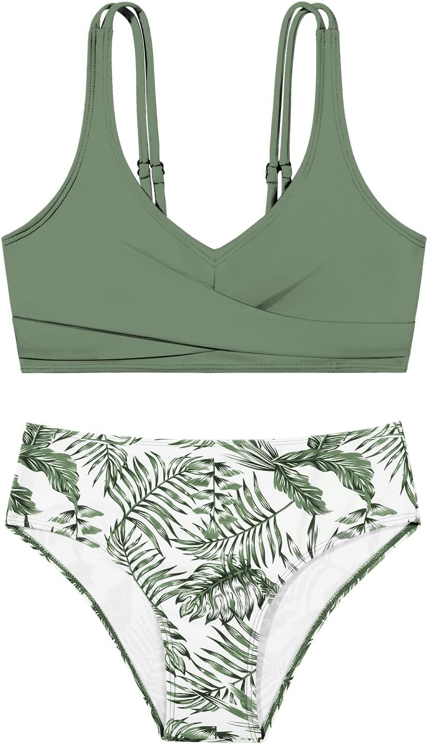 Girls Swimsuit 2 Piece Tropical Floral Twist Cross Swimwear High Waisted Bikini Set Teen Solid Color Bathing Suit 9-16T - Image 6