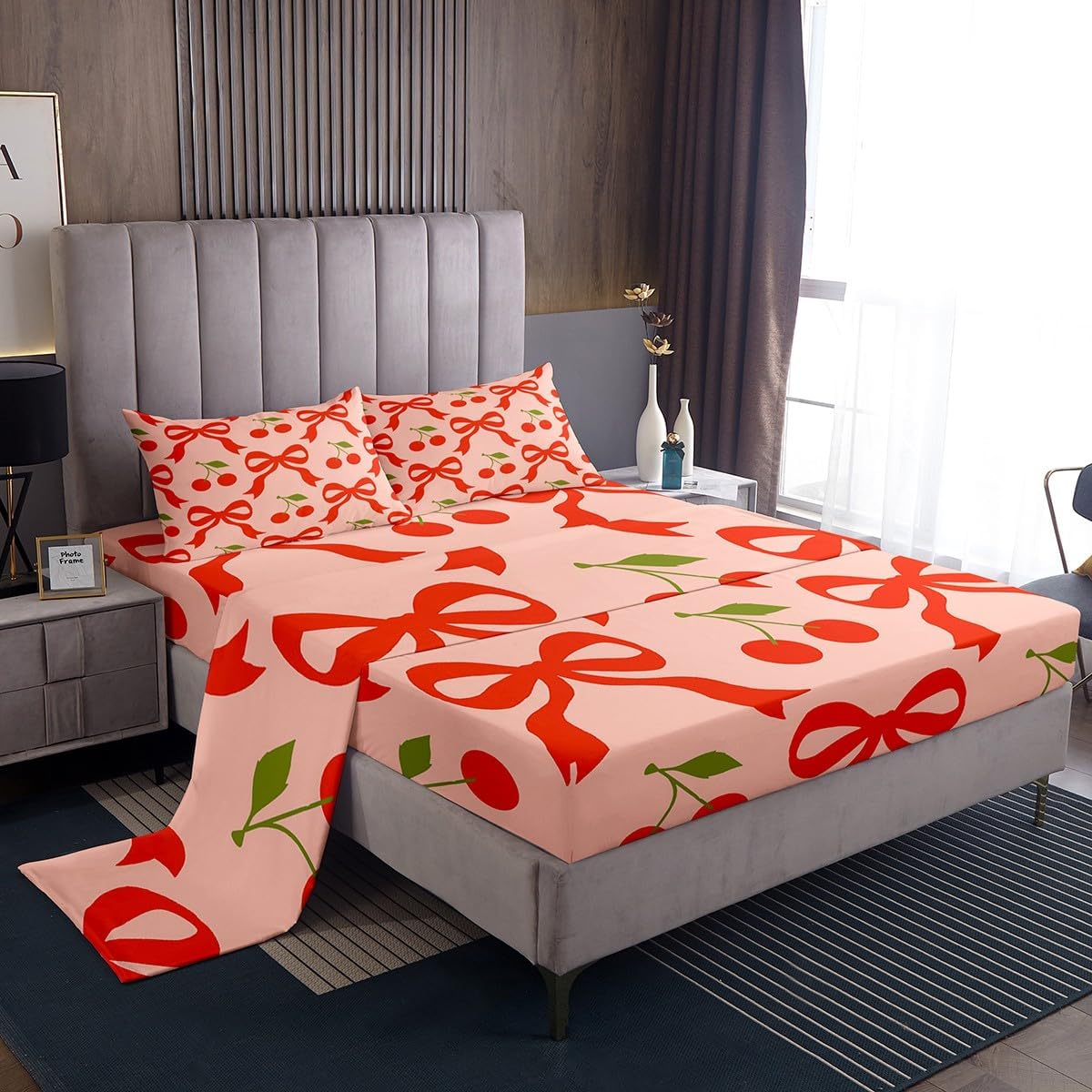 jejeloiu Bowknot Fitted Sheet Full Size Kids Cute Kawaii Bedding Set for Boys Girls Teens Orange Red Bed Sheets Set