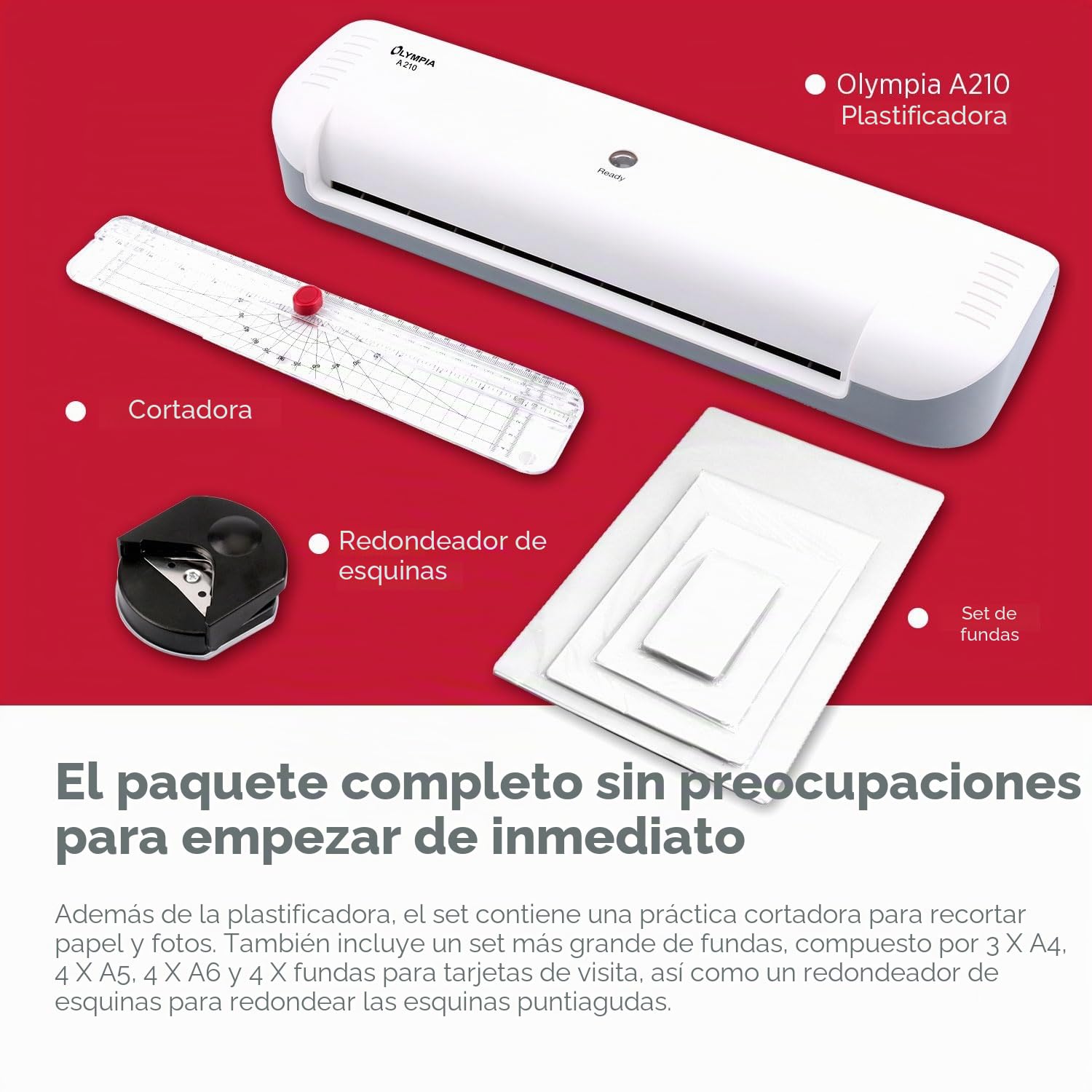 Olympia A210 Plastificadora 4 en 1 A4 | Juego de Laminación A4 | Laminadora | Calefacción Rápida | Laminadora, Cortadora de Papel y Redondeadora de Esquinas | Ideal para Oficina, Escuela y Hogar |