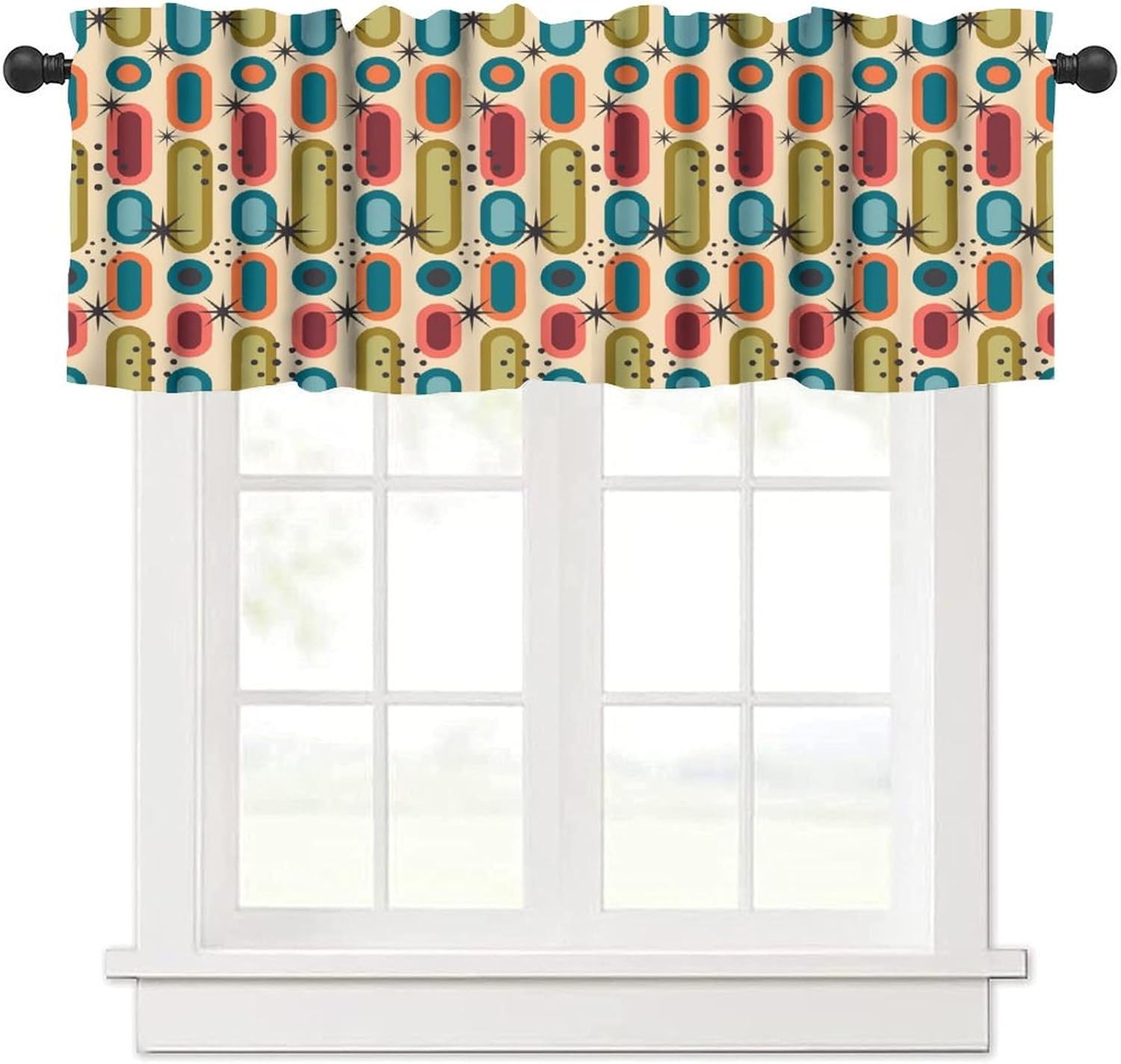 Mid Century Kitchen Valance Curtains,Abstract Geometric Mid Century Retro Modern Print Window Treatments for Kitchen Living Room Bathroom 54''x18''+27''x24''x2（3 Piece）