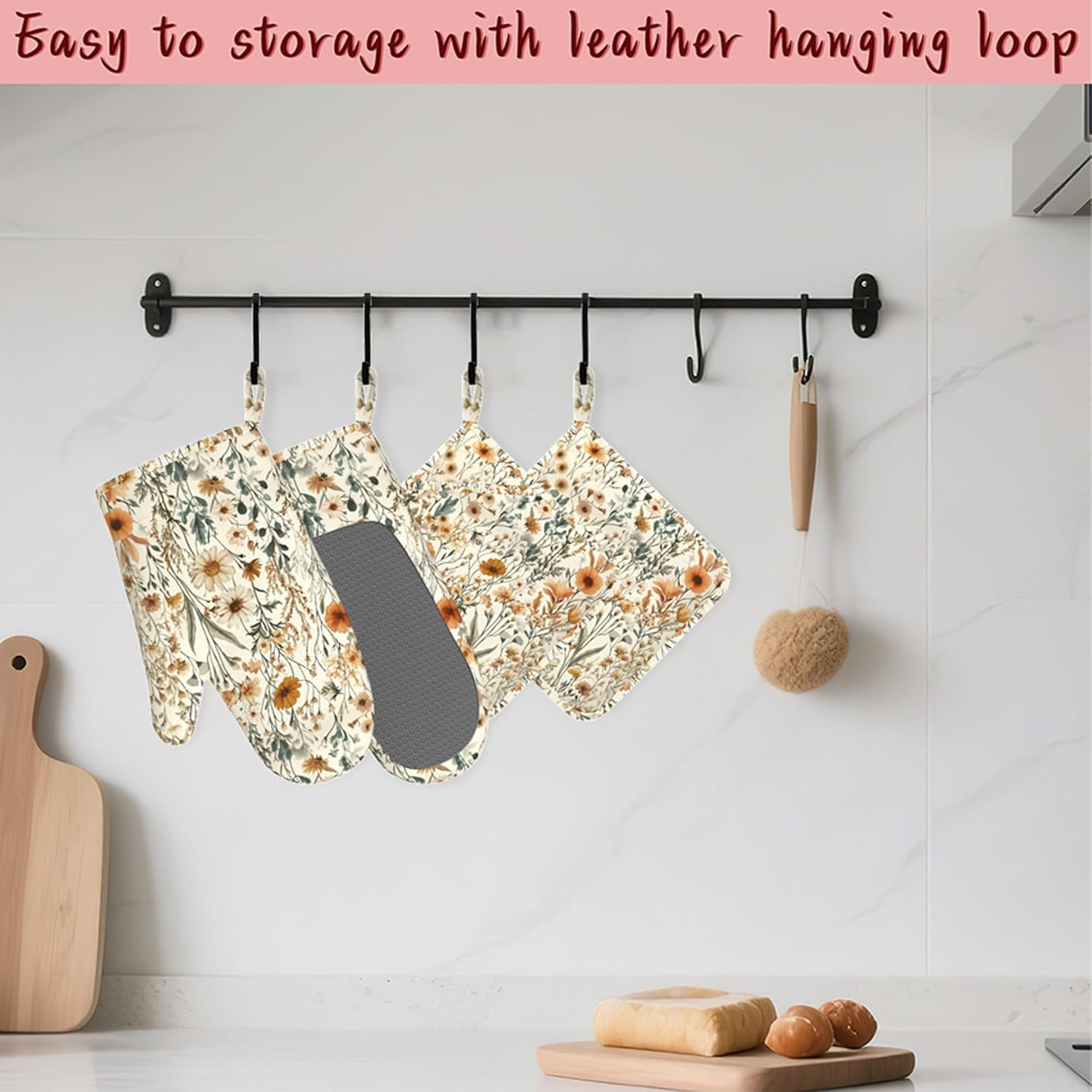 Vintage Flowers Silicone Oven Mitts and Pot Holders,Boho Heat-Resistant 4 Piece Kitchen Set Non-Slip Oven Gloves and Hot Pads for Cooking, Baking, Grilling,BBQ