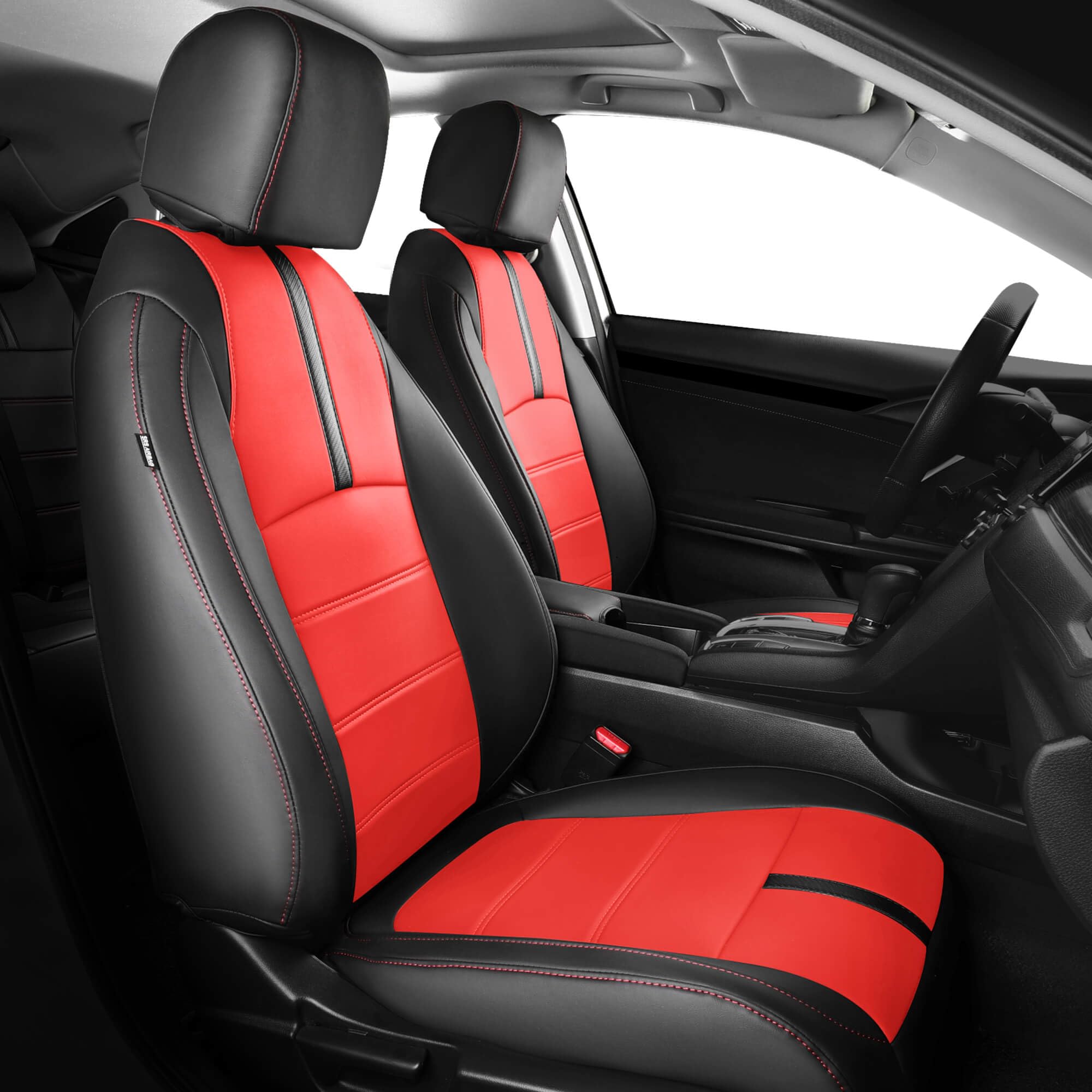 Leather Seat Covers for Honda Civic Hatchback EX, EXL, Sport, Touring, 2016-2021, Car Seats Cover Full Set Seatback Waterproof, Black Red (60/40 Split Seatback-with Rear Armrest)