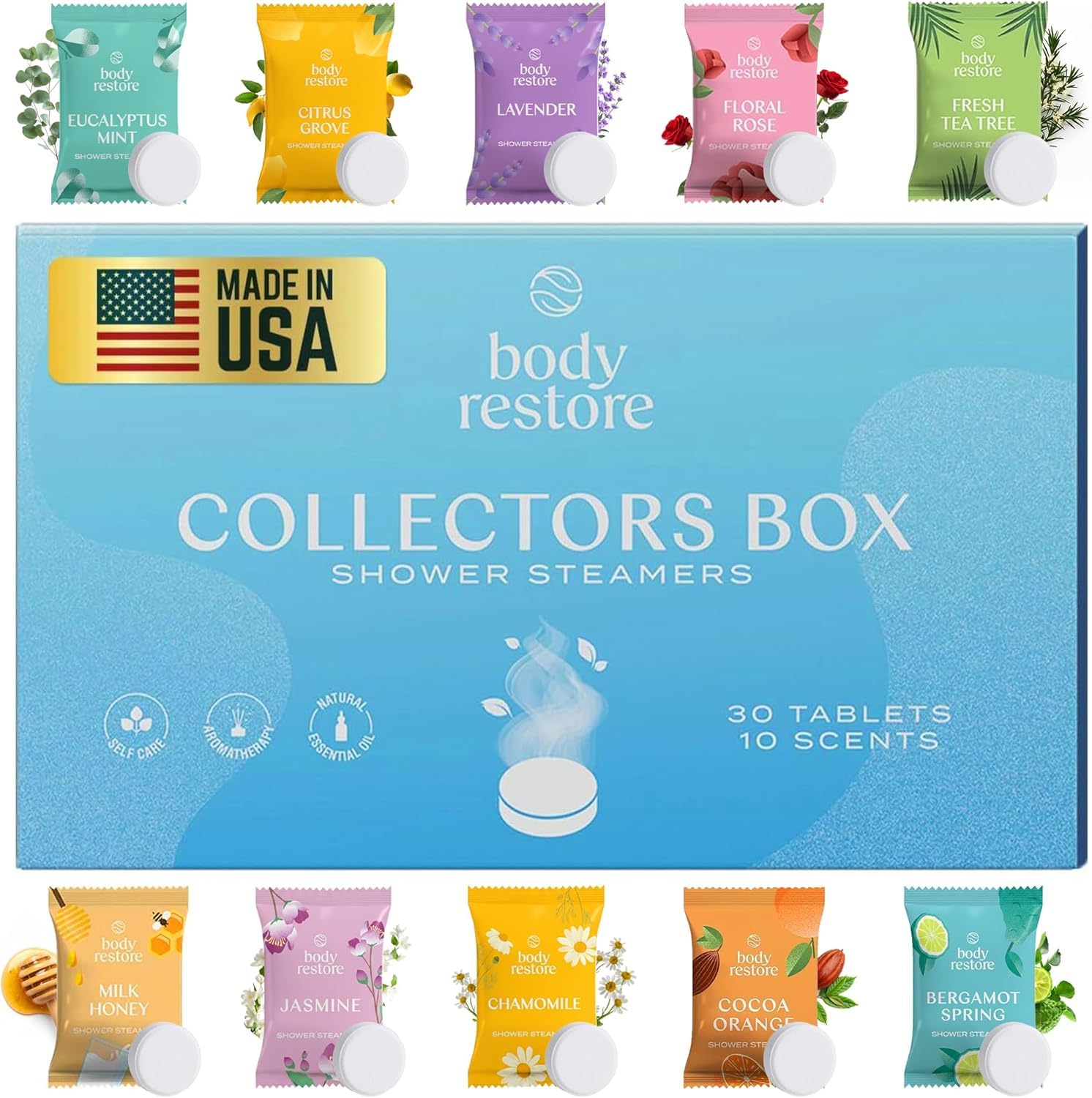 Body Restore Shower Steamers Aromatherapy 30 Pack - Relaxation Birthday Gifts for Women and Men, Travel Essentials, Stress Relief and Self Care - Collectors Box