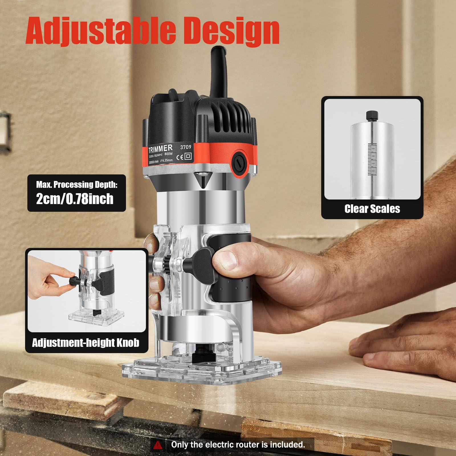 Lightakai Elektrische handhouten bovenfrees, 800 W, 220 V, multifunctionele frees, elektrische handtrimmer, 30.000 tpm, rand, freesmachine, houtbewerking, trimmer voor houtbewerking, meubelproductie