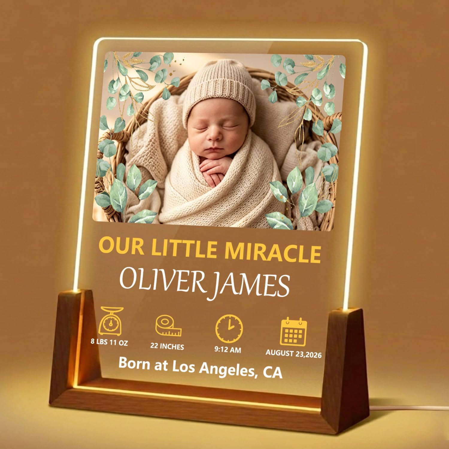 Custom Baby Photo Acrylic Plaque with Newborn Birth Stats, Personalized Name Date Time Weight Length Sign, Baby Shower Gifts for Boys Girls Nursery Decor, New Parent Keepsake with Wood Stand (Style 4- Black Printing)