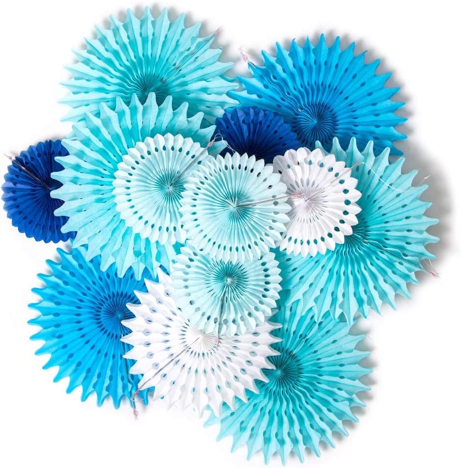 SUNBEAUTY Blue White Hanging Paper Fans 11 Pcs Mamma Mia Party Decorations for Under the Sea, Birthday, Baby Shower, Wedding