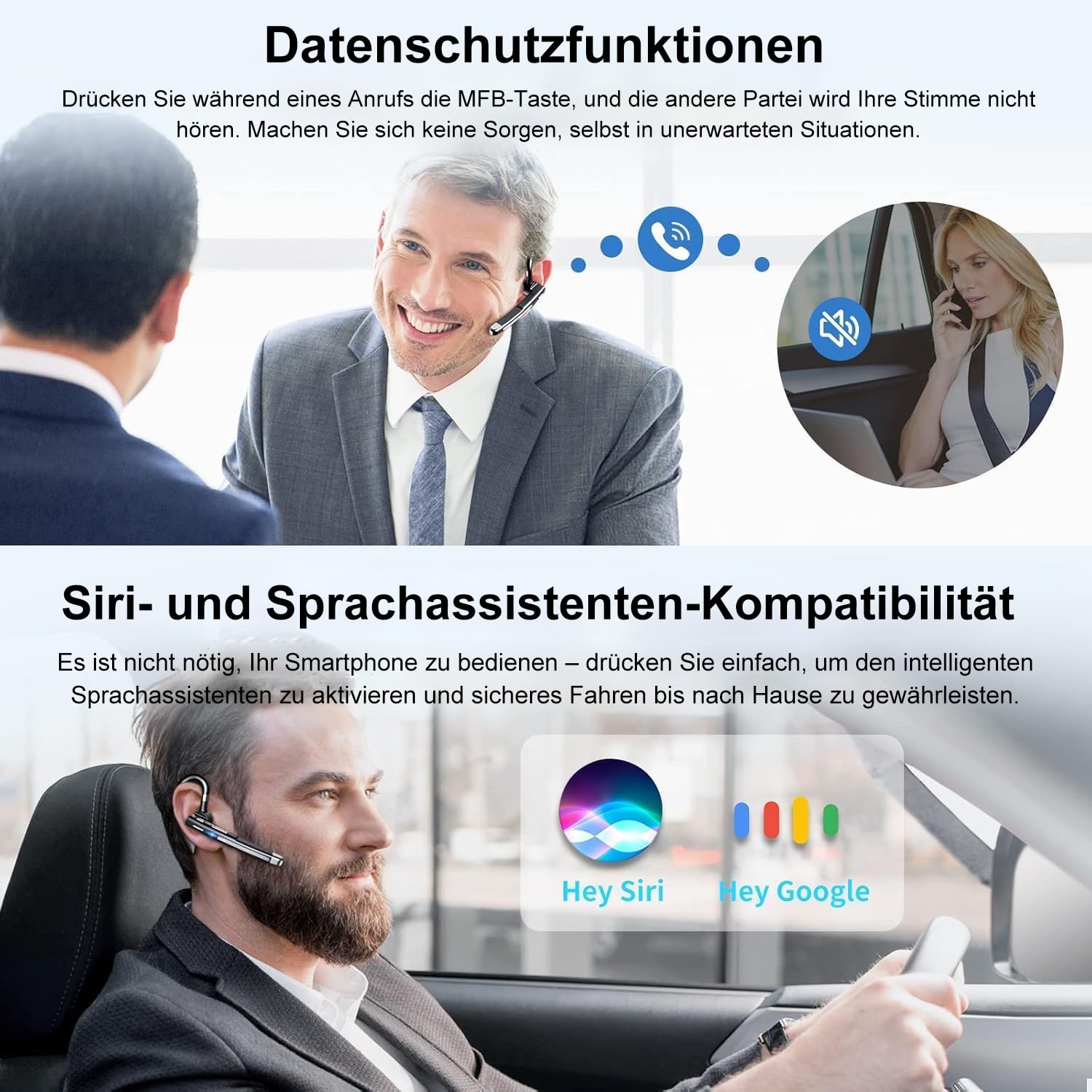 Headset Bluetooth 6.1 CVC8.0 Noise Cancelling In Ear Kopfhörer 100 Std Kabellos Kopfhörer mit Dual Mikrofon LED Ladebox Zwei-Geräte-Verbindung Freisprech Handy Ohrhörer für Autofahren/Business/Büro