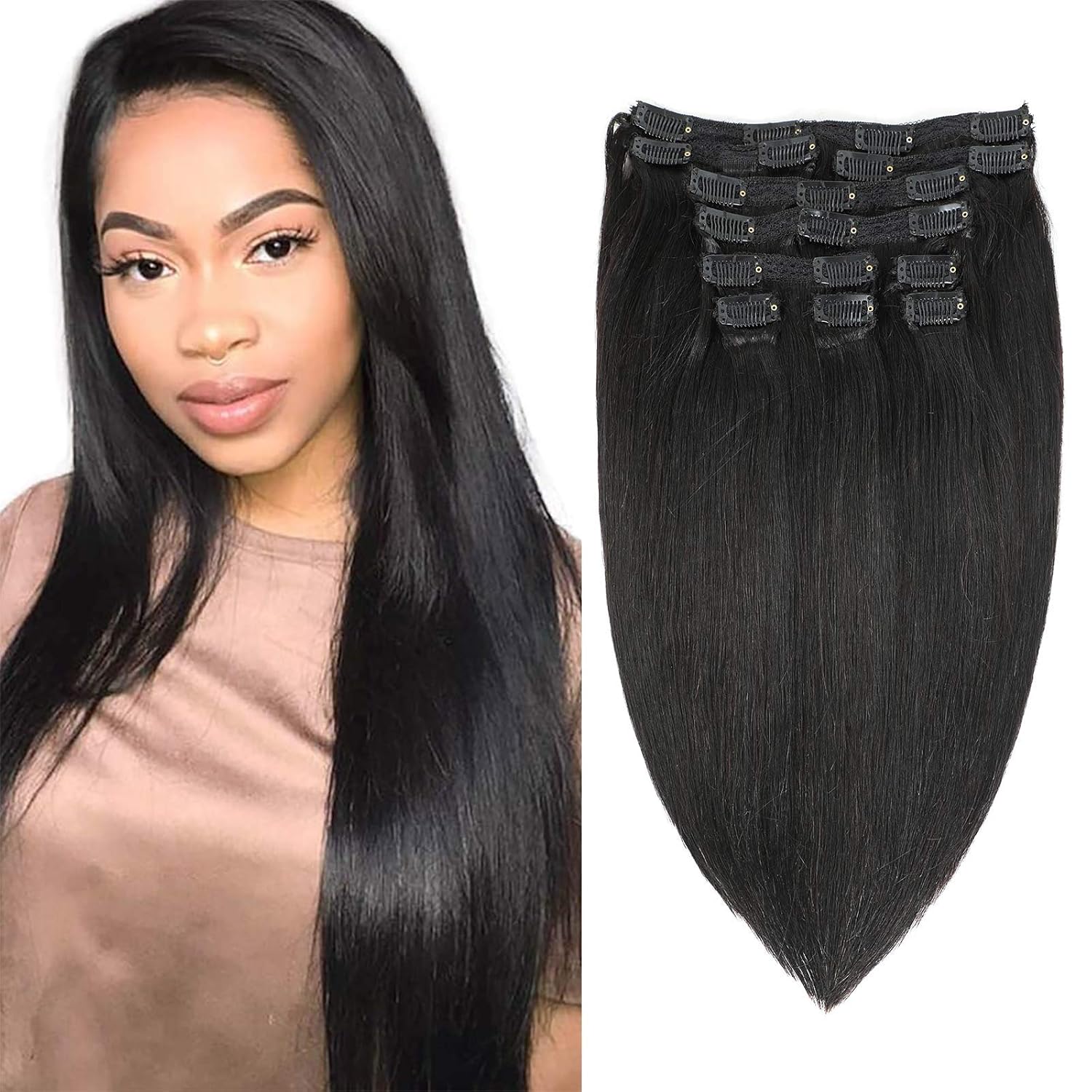 Apeasex 10pcs 100% Remy Human Hair Extensions Clip ins 1B Nature Black Straight 16inch Grade 8A Quality Full Head Thick Soft for Women 120g/4.23oz