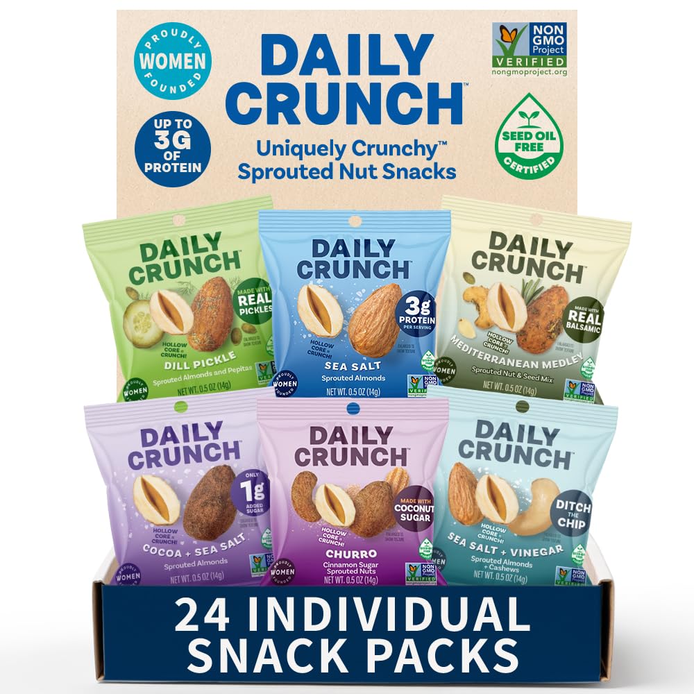 Daily Crunch Sprouted Almonds, Mini Variety Pack, 24 Pack 0.5 oz Bags