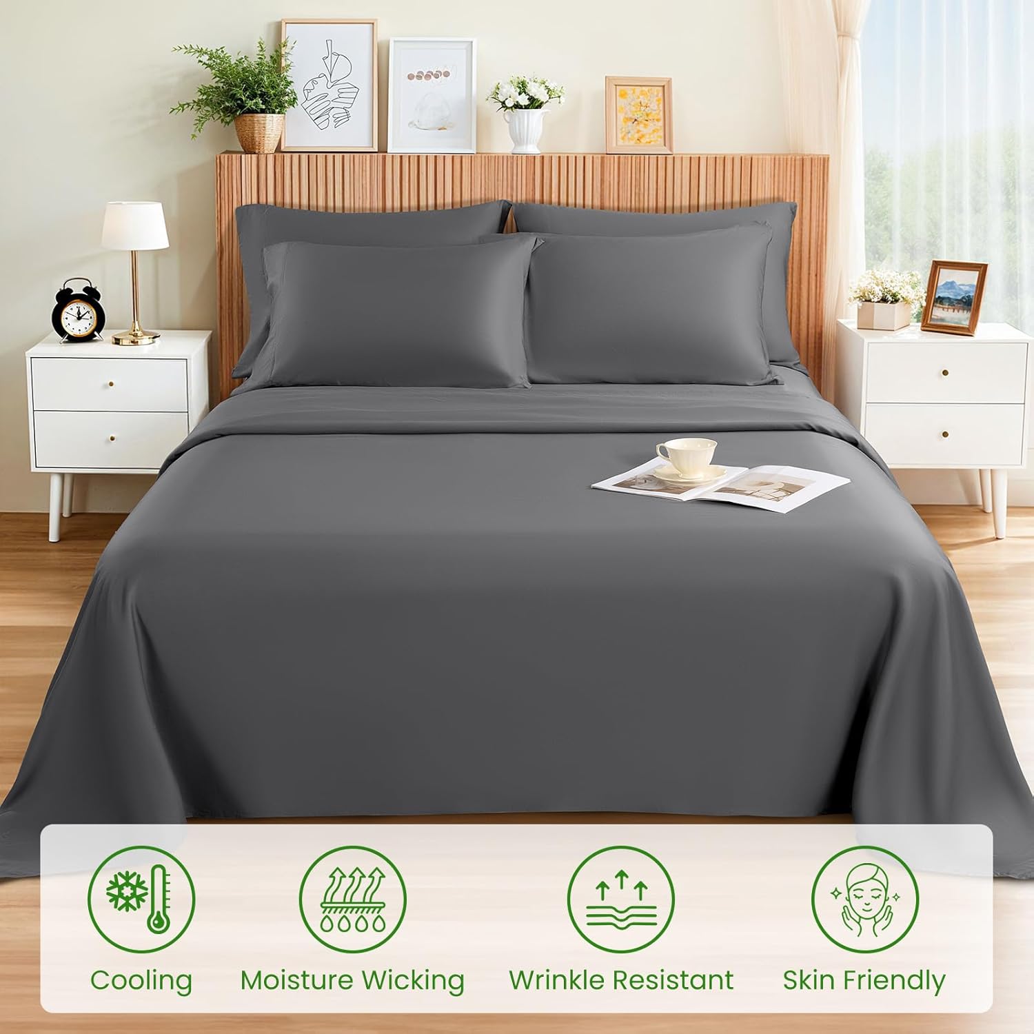 LBRO2M Cooling Bed Sheet 100% Viscose Derived from Bamboo Sheet Set Queen Size 6 Piece,16" Deep Pocket, 1800 TC Sheet Super Soft Silky Smooth,Breathable Cool (Queen Dark Gray)