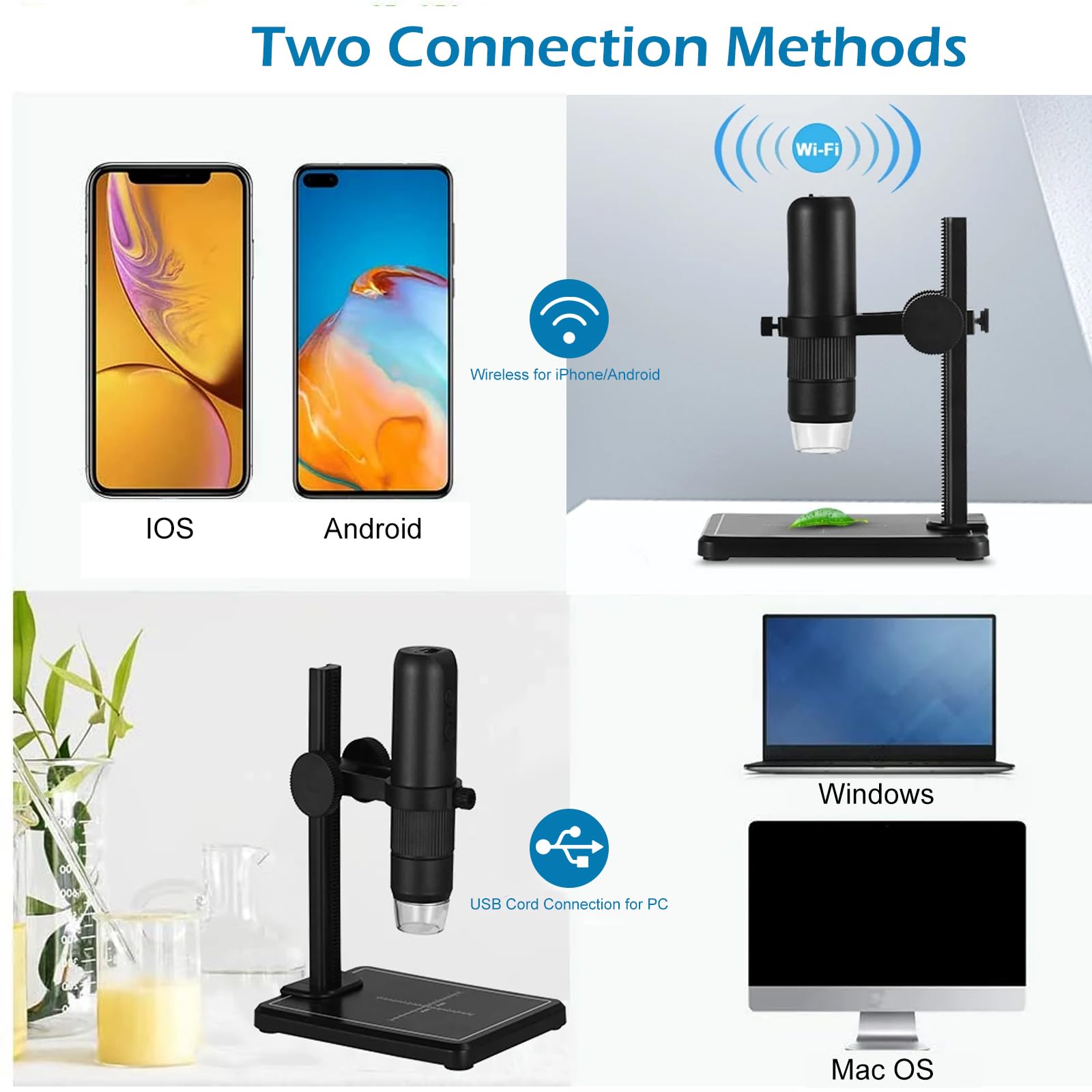 Microscopio WiFi con soporte profesional, CEIEVER WiFi Digital Microscopio Cámara 50-1000X Microscopio Digital USB Microscopio para iPhone Android PC Microscopio Portátil para Adultos y Niños