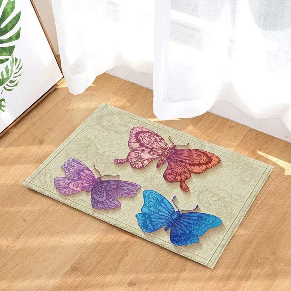 FEIYANG Animal decoration three butterflies purple blue pink Bathroom carpet anti-slip door mat floor entrance outdoor indoor front door mat children bathroom mat 60X40CM bathroom accessories