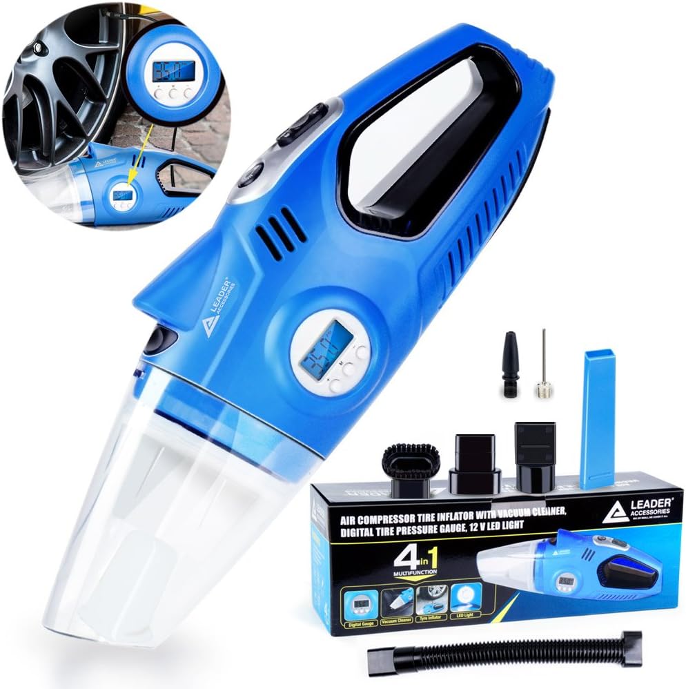 Leader Accessories 4 in 1 Multifuctional Car Vacuum Cleaner Air Compressor Tire inflator, Digital Tire Pressure Gauge with12V LED Light