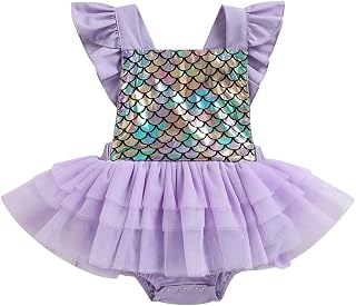 0-24M Newborn Baby Girls Mermaid Clothes Infant Summer Romper Dress Fly Sleeve Mermaid Scale Print Tulle Splicing Tutu Bodysuit One-Piece Clothes