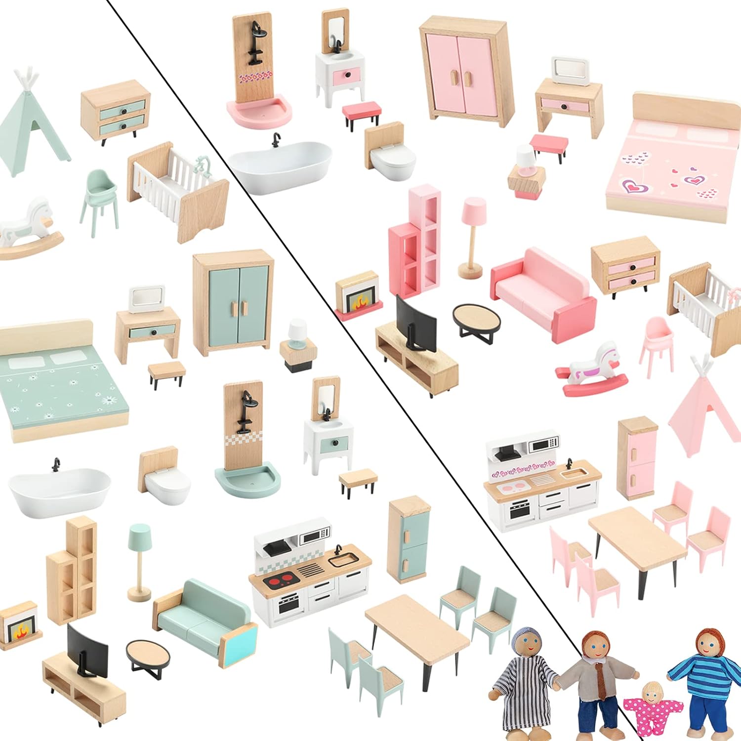 Wooden Dollhouse Furniture Set, 72pcs Furnitures with 8 Family Dolls, Dollhouse