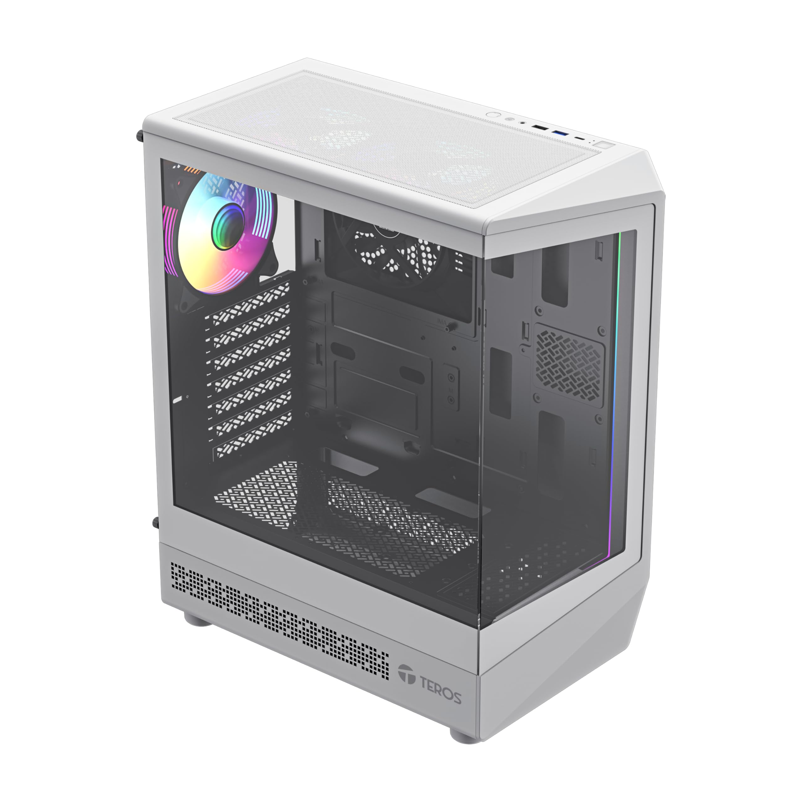 TEROS 13122G Caja PC Gaming ATX Caja Blanca Torre de hasta 5 Ventiladores Frontal ARGB, compacta