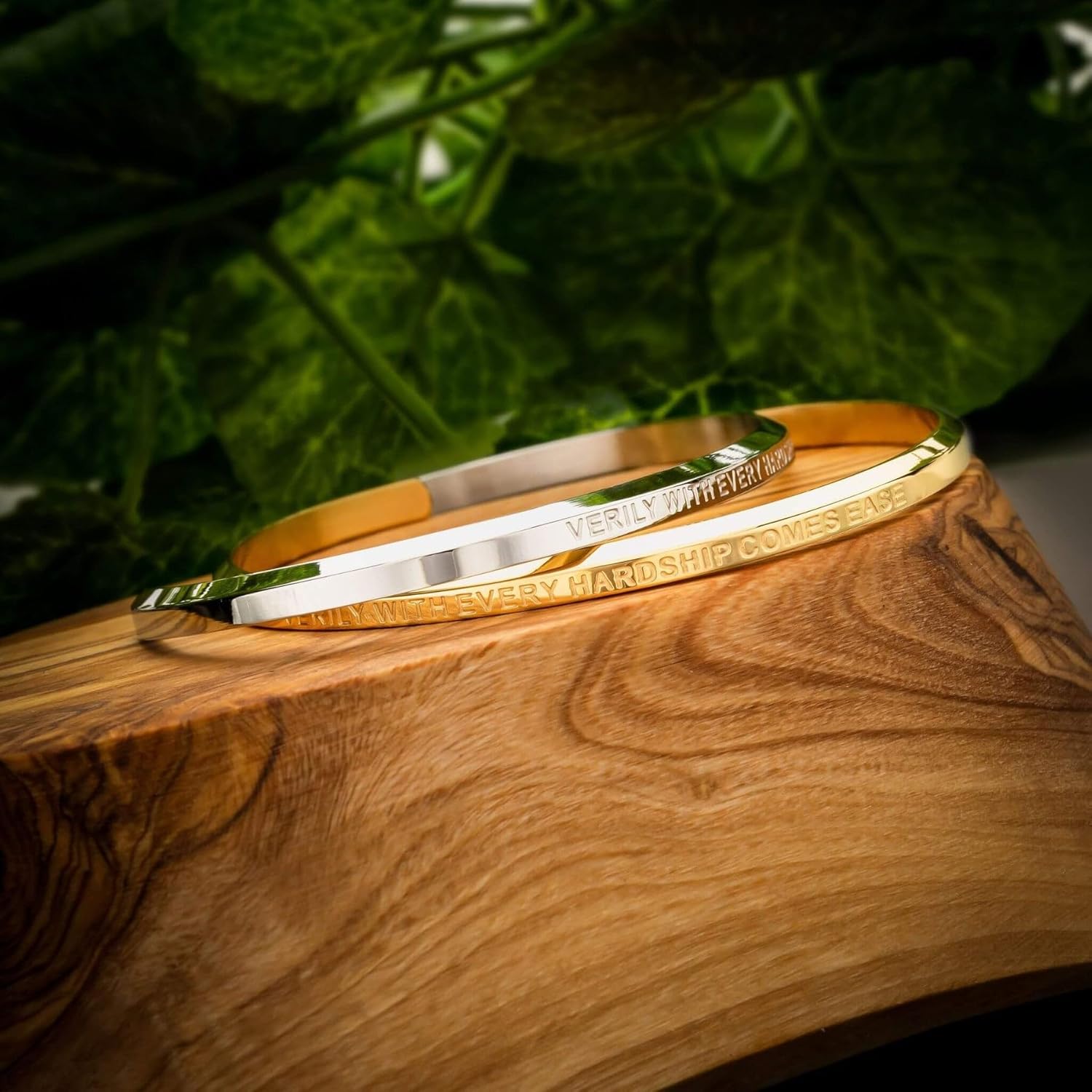 ZUDO Verily With Every Hardship Comes Ease Cuff | Quranic Reminder Bracelet | 18K Gold, 18K Rose Gold, Silver Rhodium, and Black PVD Coated Stainless Steel | Adjustable Unisex Design