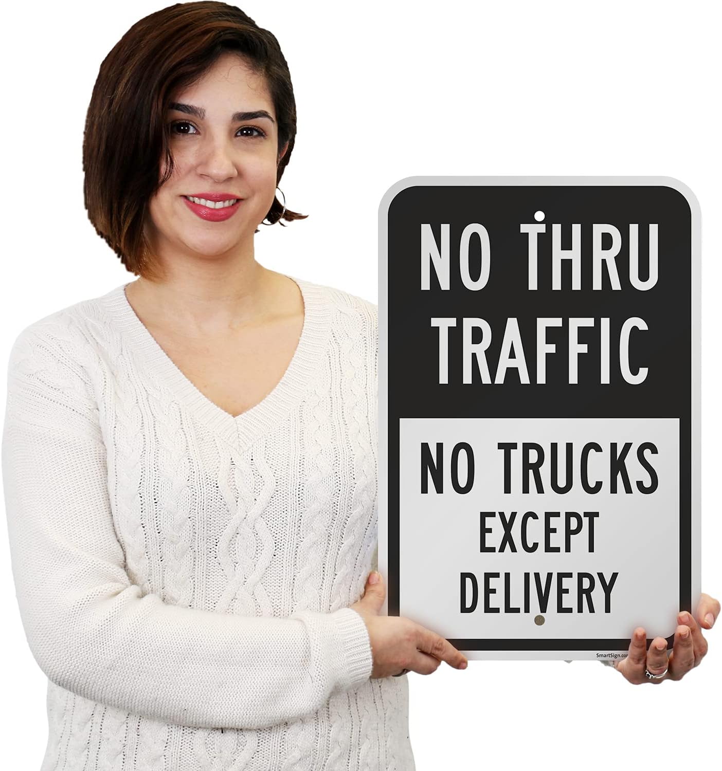 SmartSign 18 x 12 inch “No Thru Traffic - No Trucks Except Delivery” Metal Sign, 63 mil Laminated Rustproof Aluminum, Black and White, Made in USA