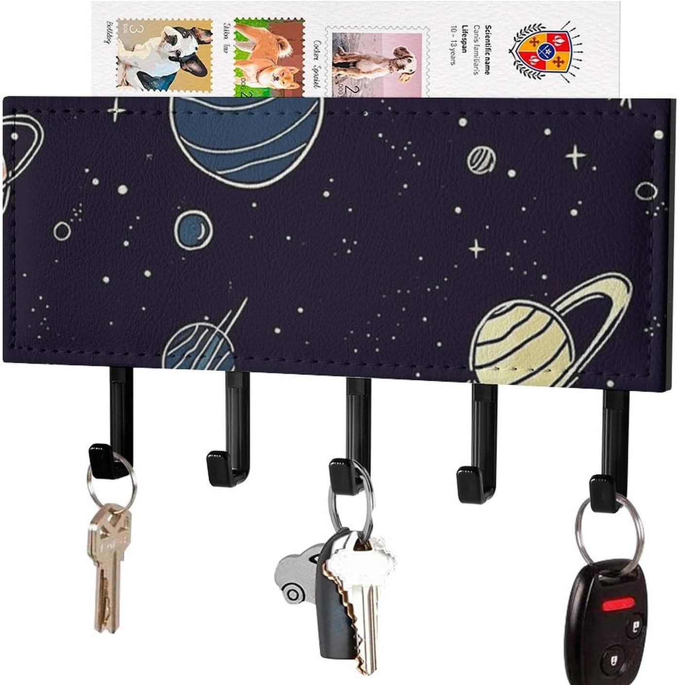 Space Planet Key Holder with 5 Hooks Mail Organizer for Wall Black-style