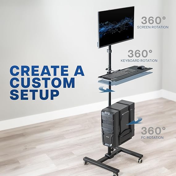 VIVO Black Mobile Computer Cart with Monitor Mount, CART-PC02T | Fits up to 32 inch Screens, Rolling PC Desk Workstation, Full Keyboard Tray, Adjustable CPU Holder