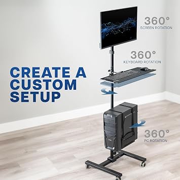 VIVO Black Mobile Computer Cart with Monitor Mount, CART-PC02T | Fits up to 32 inch Screens, Rolling PC Desk Workstation, Full Keyboard Tray, Adjustable CPU Holder