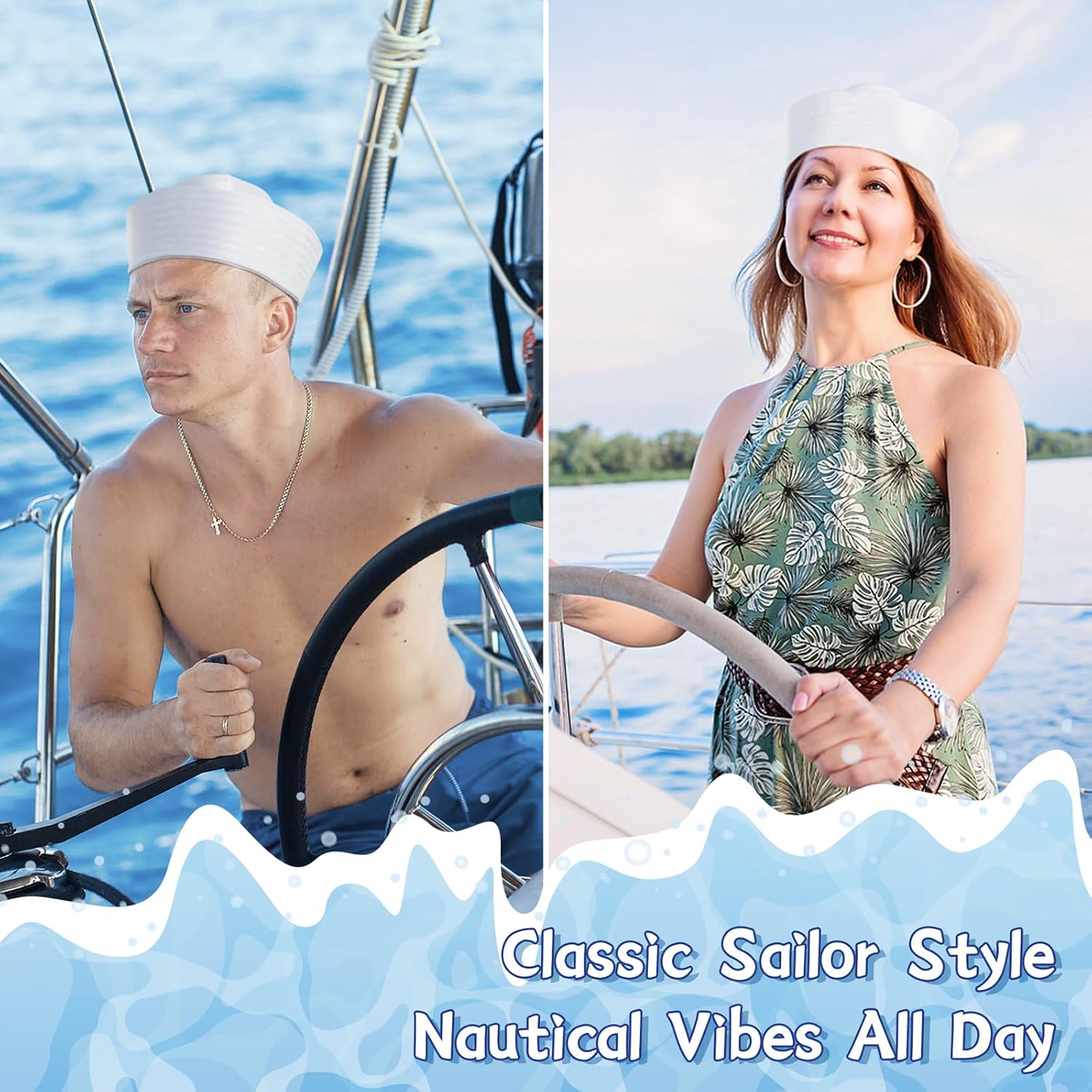 dodowin White Sailor Hat for Women Men, Navy Captain Yacht Hat Halloween Costume Sailor Cap for Dressing Up Party