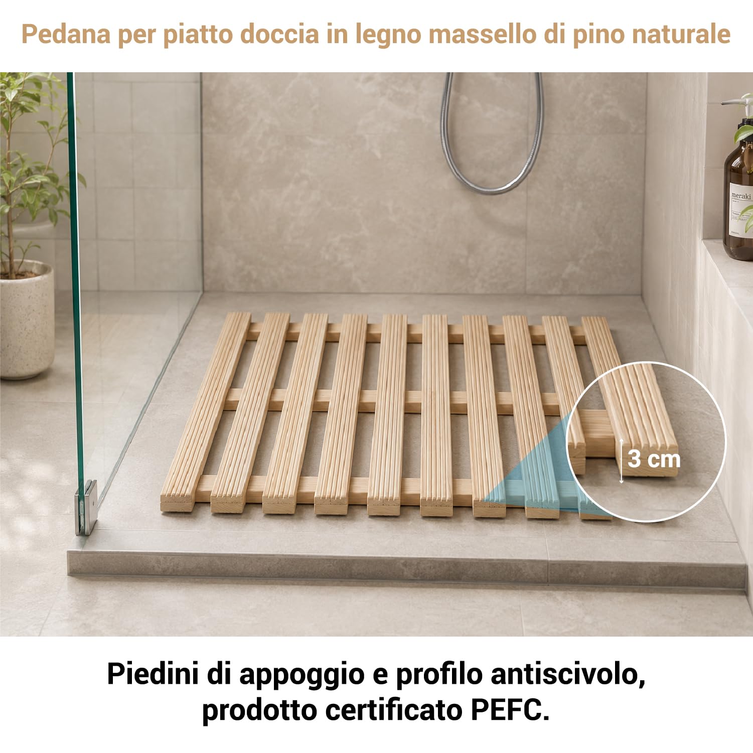 Crisalide® - Pedana Doccia in Legno di Pino Naturale 68x55 cm, Pedana Rettangolare Antiscivolo Waterproof con Doghe Drenanti, Piedini di Appoggio, Tappeto Doccia in Legno per Bagno