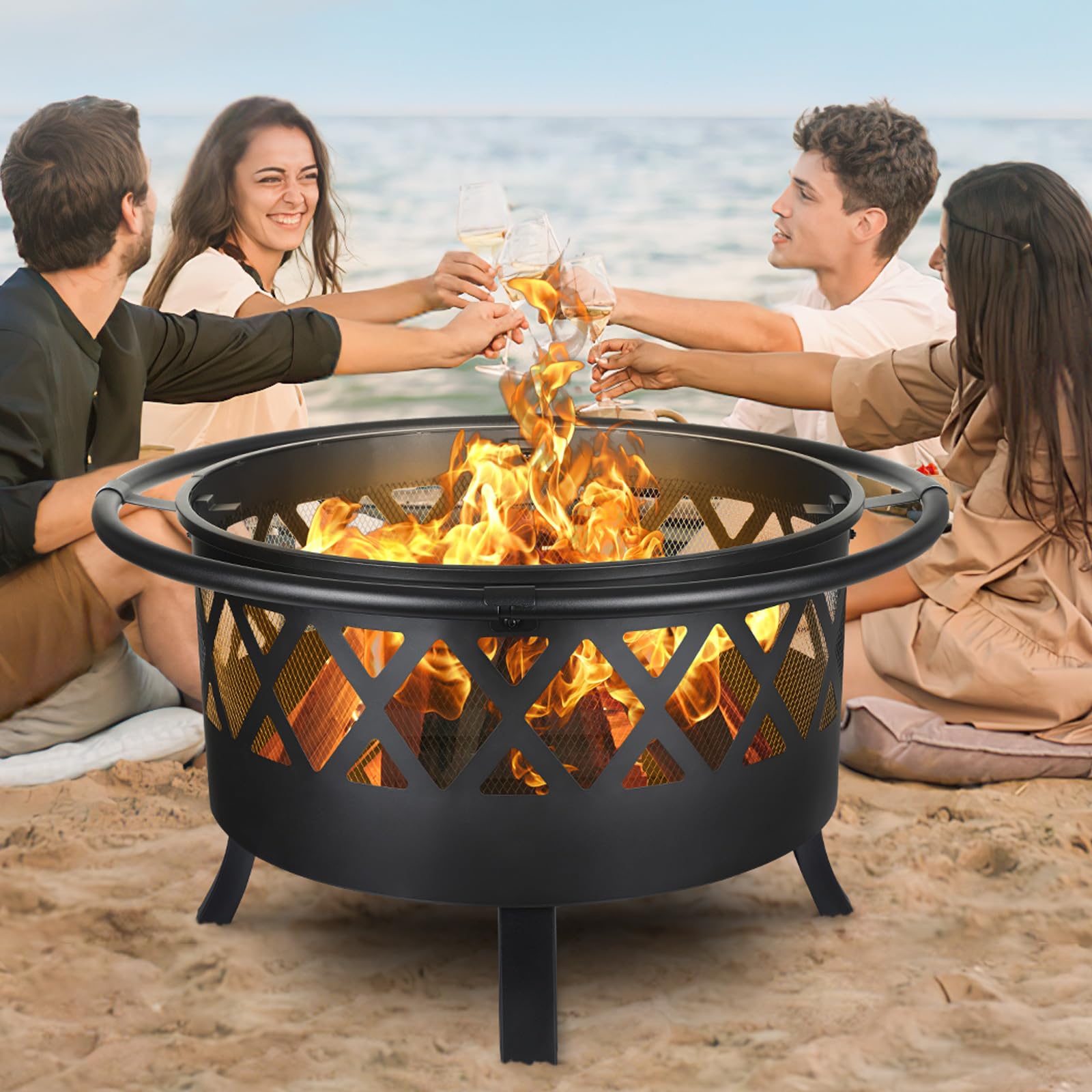 TLSUNNY Feuerschale, Feuerschalen für den Garten, Ø 81cm Feuerschale mit Funkenschutz und Schürhaken, Feuerkorb mit Grillrost(Ø 58cm), BBQ Feuerstelle Outdoor, für Gartengrills, Campingheizung, Groß