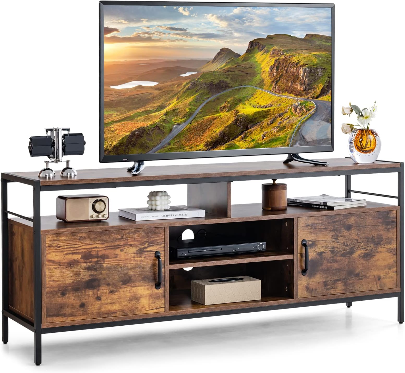 COSTWAY TV Stand Cabinet for 65 Inch TVs, Wooden Media Entertainment Center with 2 Doors and Adjustable Storage Shelf, 147cm Industrial TV Unit Console Table for Living Room Bedroom (Rustic Brown)