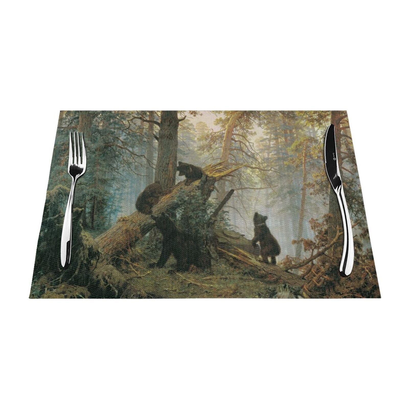 PVC Placemat Set of 1 PCS, 45x30 CM, Black Bears Printed Non-Slip Heat Resistant Place Mats for Kitchen Dining Table Indoor Outdoor