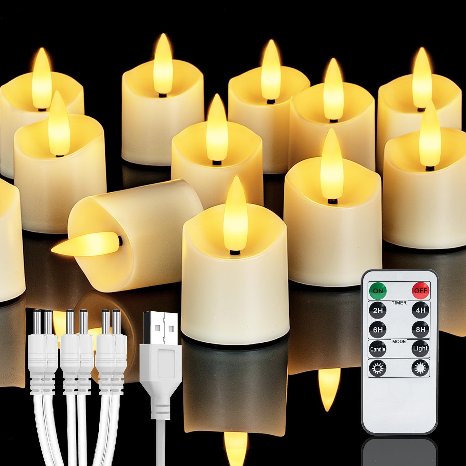 Homemory Remote Rechargeable LED Tea Lights with 2/4/6/8 Hours Timer USB Charging Cable Flameless Battery Electric Wedding Vovite, Christmas Home Decor, 12-Pack