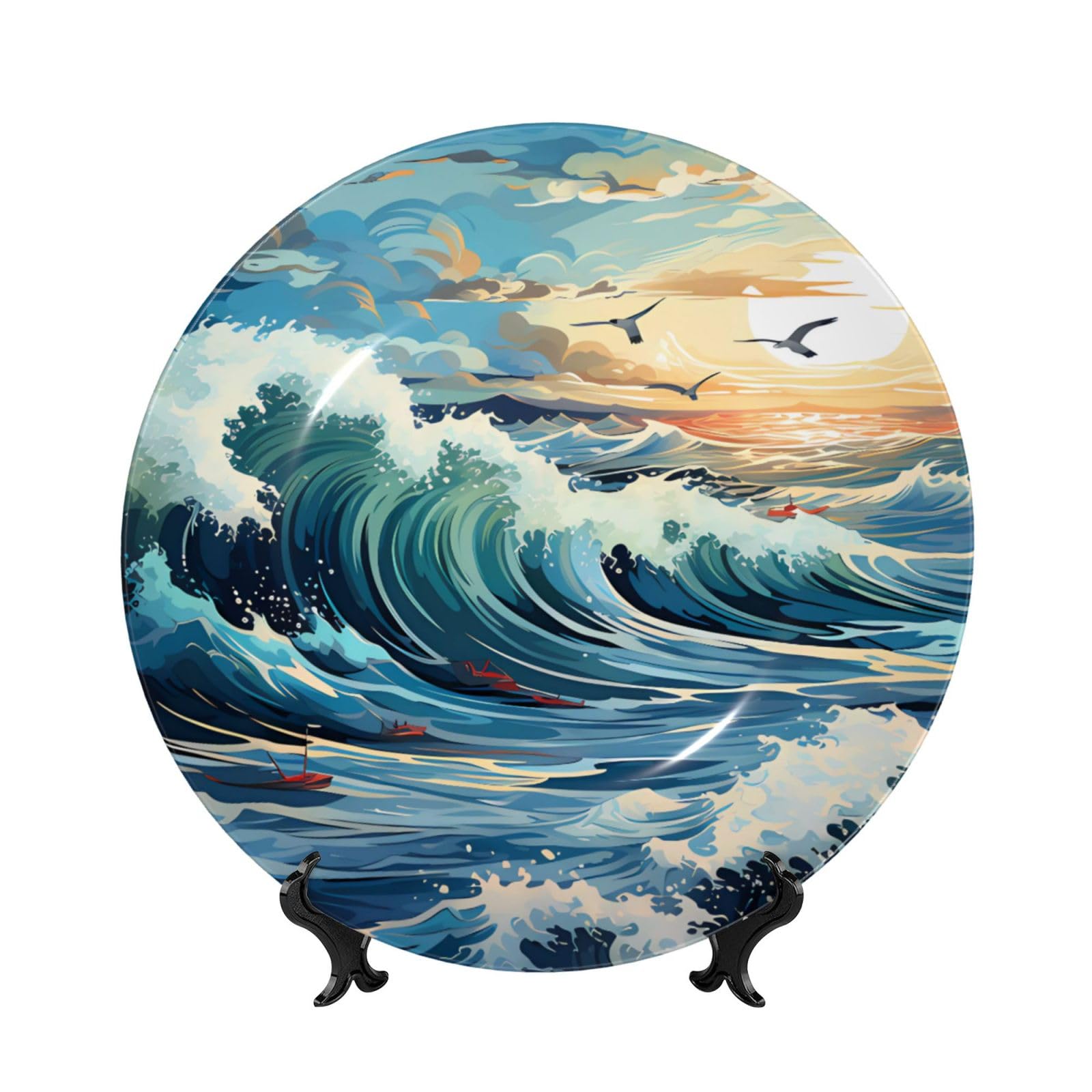 SXZVVBN Wave Sailboat Seagull Bone China Decorative Plate Art with Stand Removable Adhesive Hanging for Home Office 10in（25cm）