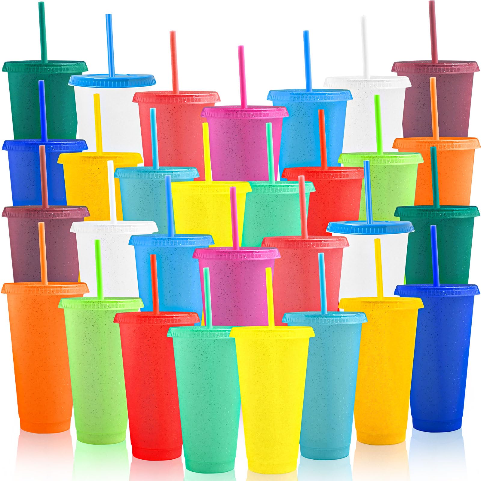 MSYU Confezione da 30 bicchieri in plastica glitterata da 680,4 g, con cannuccia e coperchio, bicchieri colorati per caffè freddo, riutilizzabili, da viaggio, per acqua, frullati, feste di compleanno