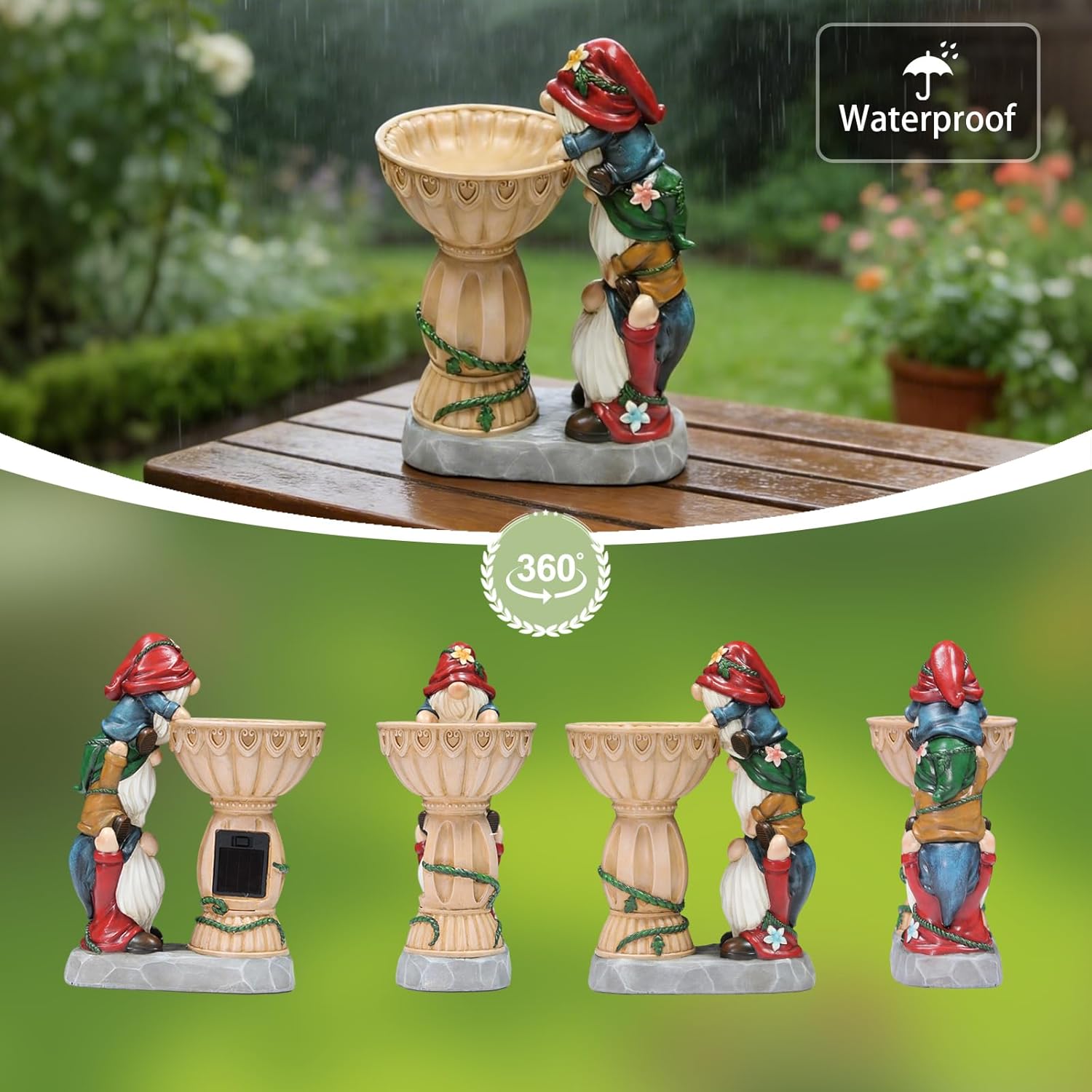 Sheaifun Garden Gnomes Outdoor Gnomes Garden Decorations for Yard Colorful Lights Resin Solar Outdoor Statues with Bird Bath Feeder Outside Lawn Patio Housewarming Gifts 6.25x4.25x9.25 Inch