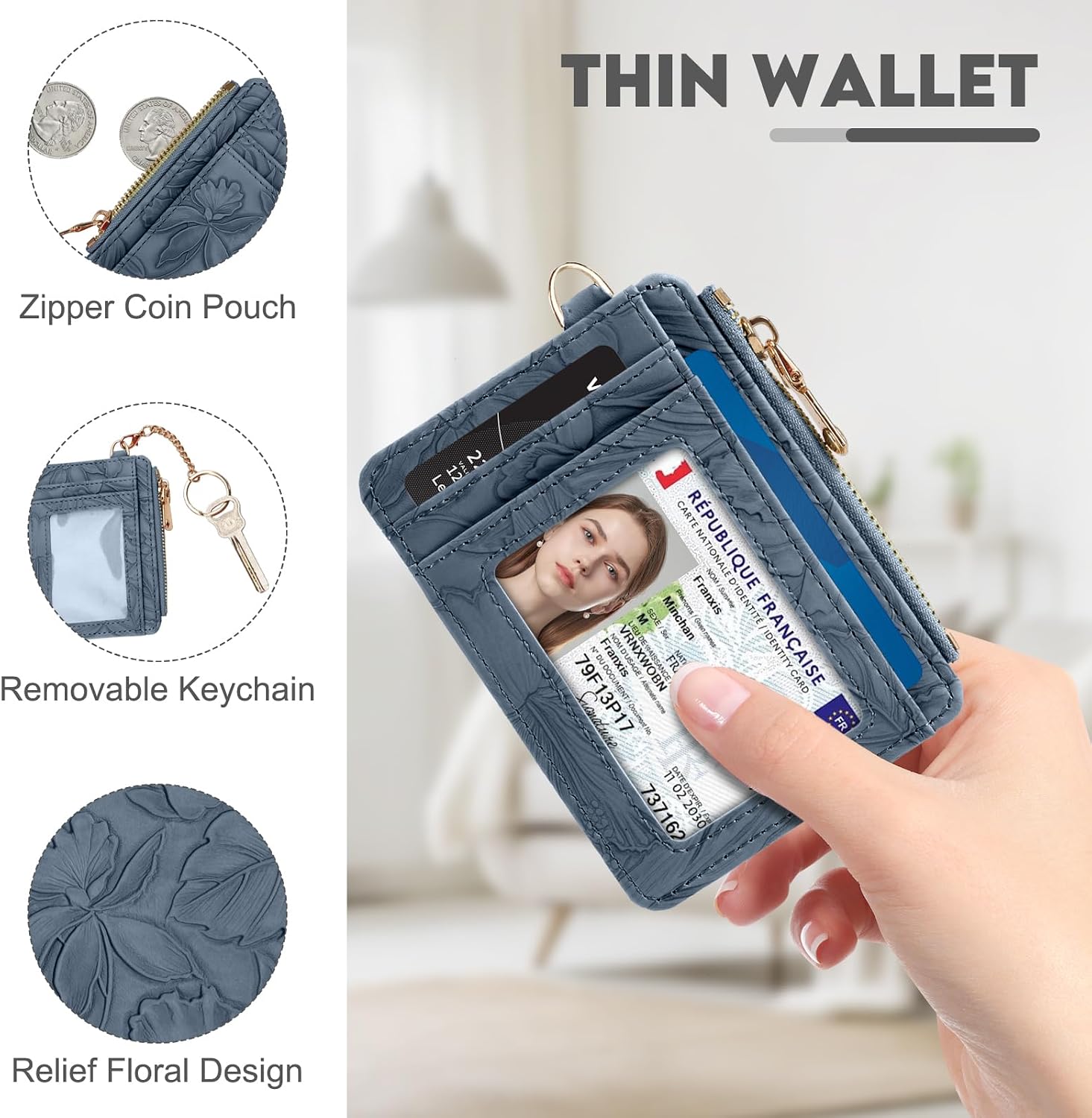 Thin Womens Credit Card Holder Wallet，Small RFID Slim Wallet，Deep blue image 3