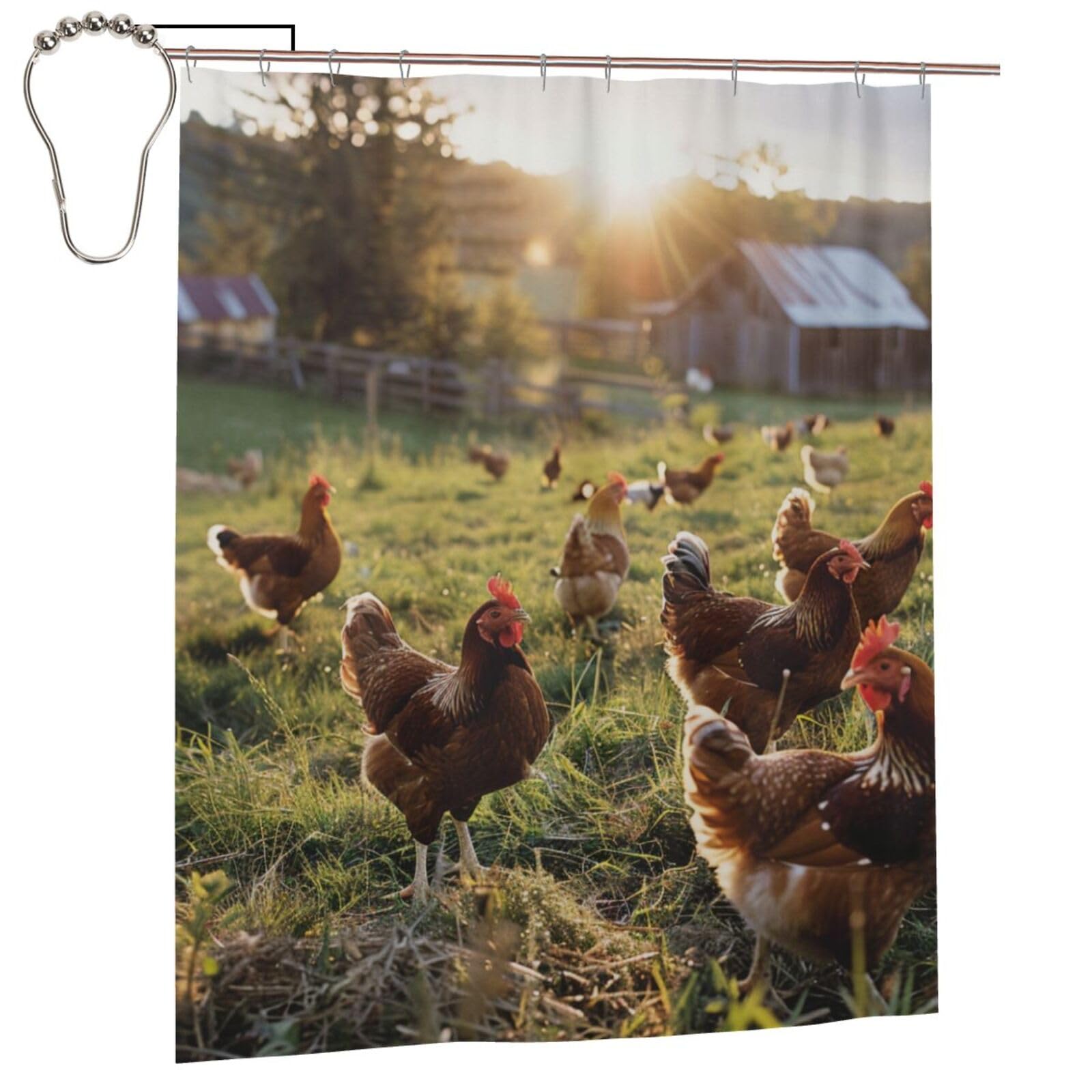 BWWHCCTI Chickens and Farm Printed Shower Curtain With 12 Iron Hooks Opaque Quick Drying Waterproof Shower Curtains Sets For Bathroom 152x183 Cm