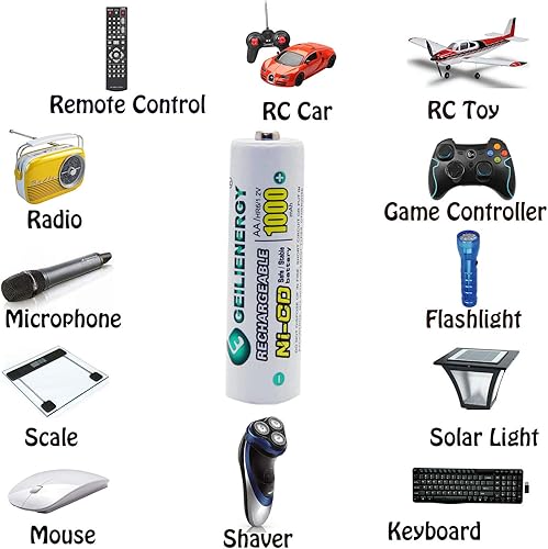 Miniatura 7 de GEILIENERGY Pilas recargables AA Ni-CD de 1000 mAh, pilas recargables AA para luces solares (paquete de 8)