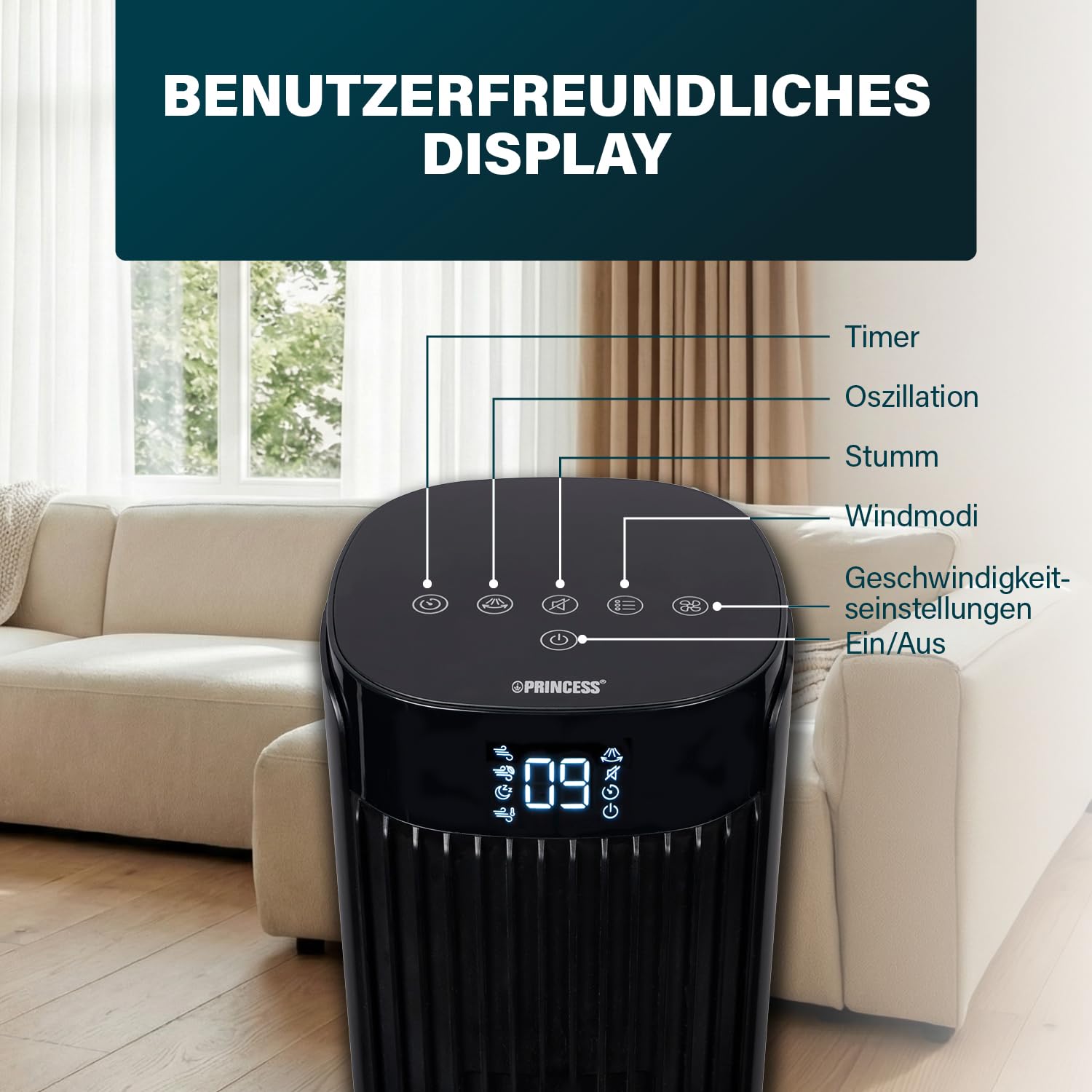 Princess Turmventilator 40 W Oszillierend 4 Modi 12 Geschwindigkeiten Höhe 91,5 cm