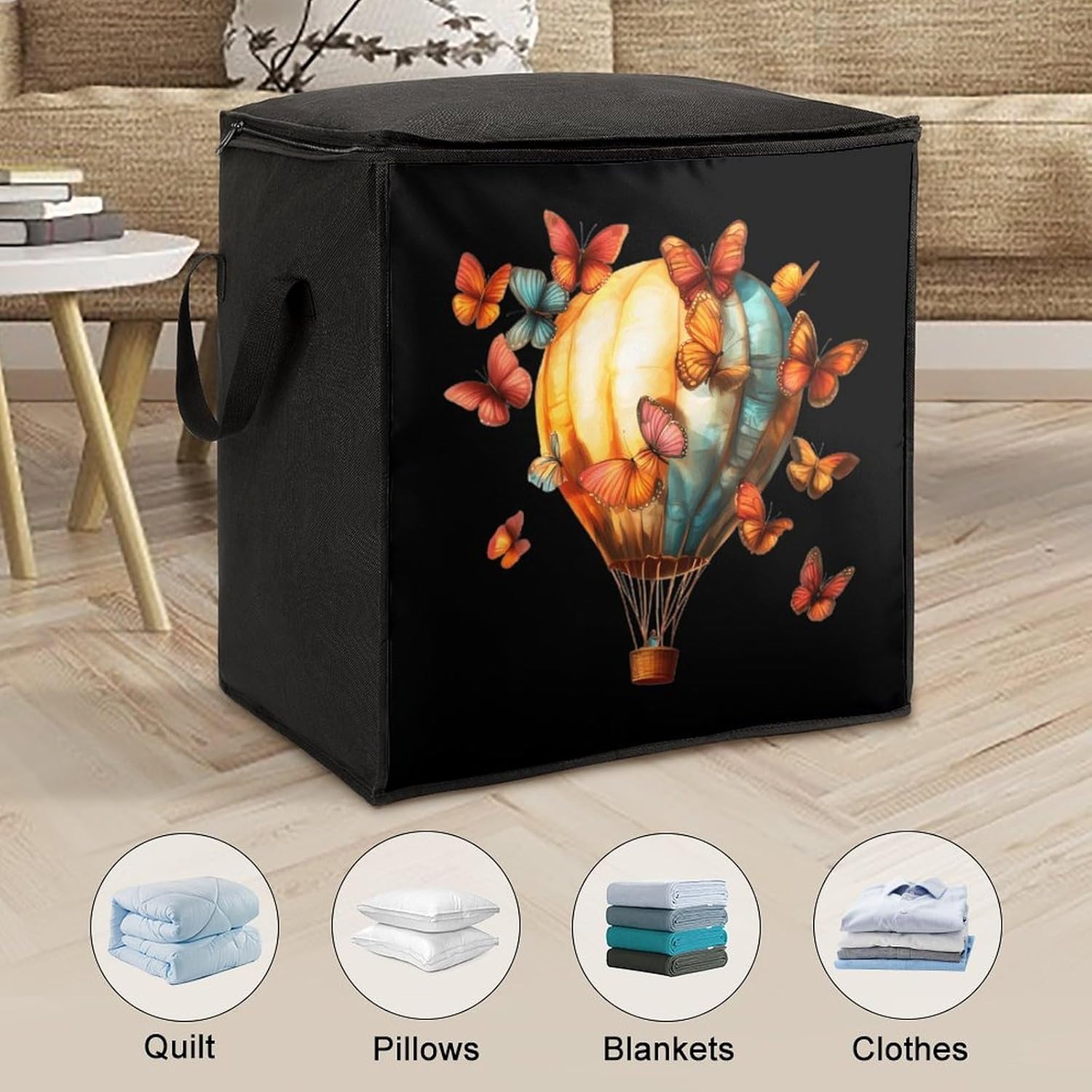 Butterfly Hot Air Balloon Large Comforter Blanket Storage Bags Bins 70L Closet Organizer with Handles