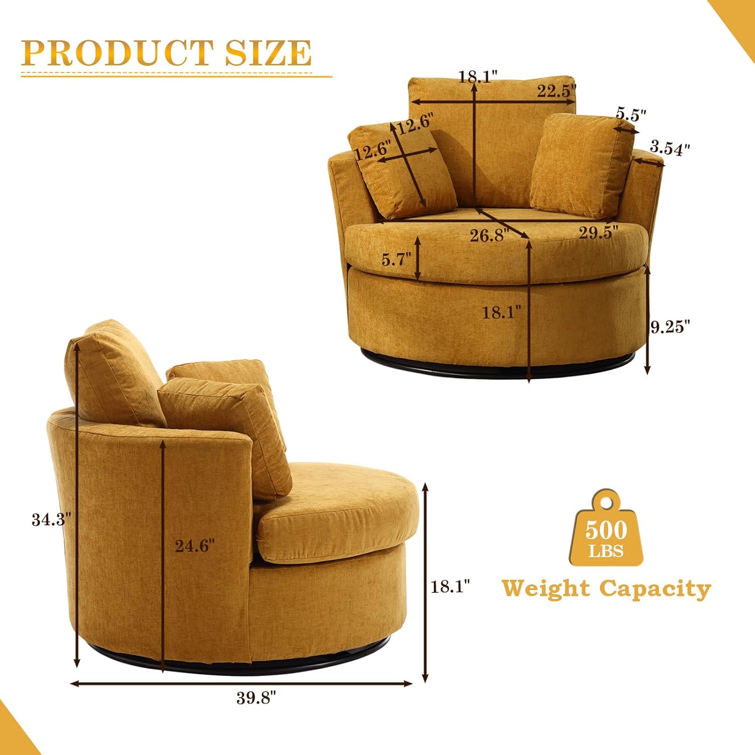 Swivel Barrel Chair Set of 2, Modern Chenille Fabric Oversized 360 Degree Club Accent Arm Chairs, Single Round Living Room Sofa Chair w/ 3 Pillows for Nursery, Bedroom, Reading, Office, Yellow