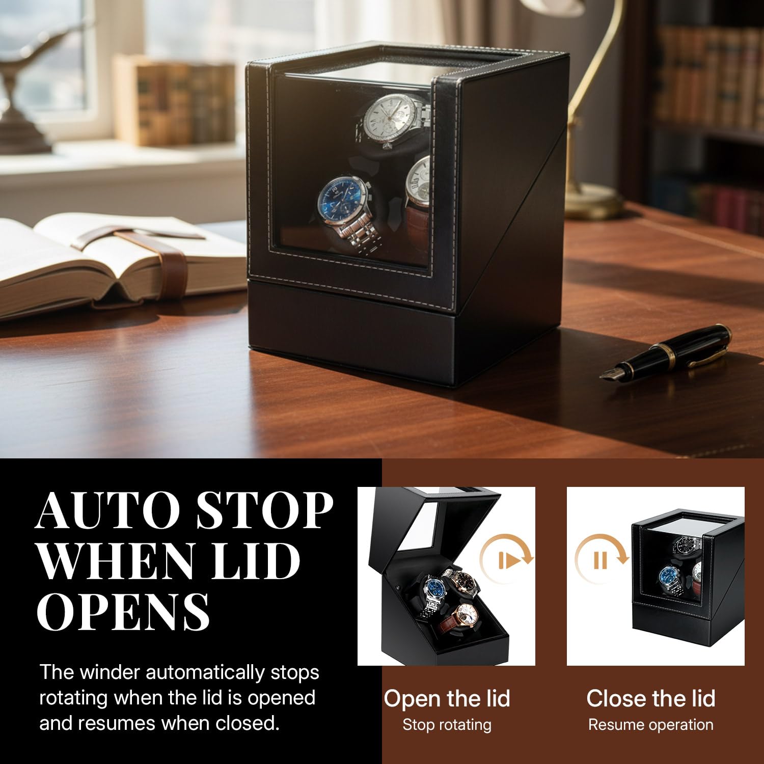 Mcbazel Remontoir Automatico per Orologi - Scatola in Pelle, Motore Silenzioso, 2 Modalità di Rotazione, Scatola Espositiva per Collezione di Orologi