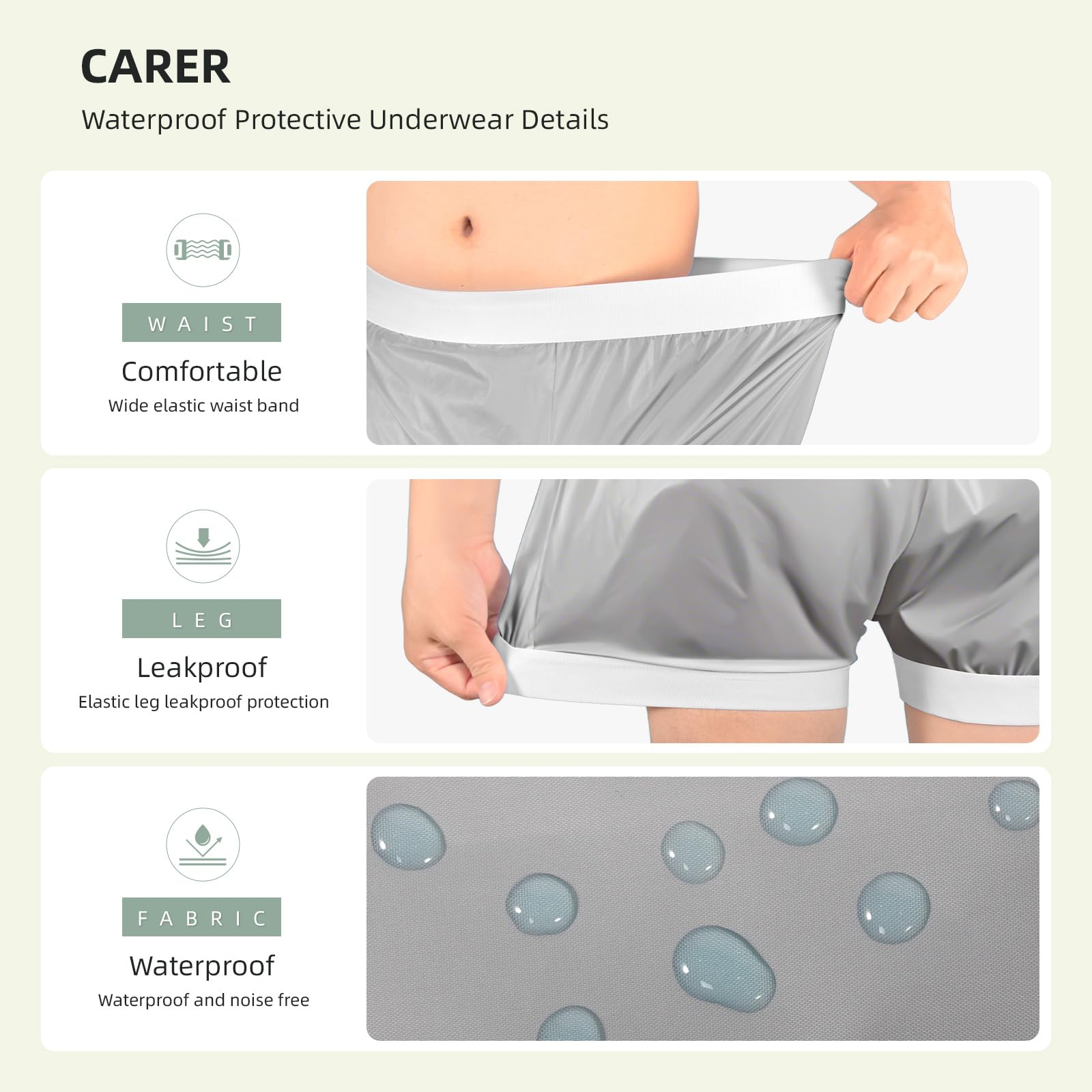 Carer Pokrowce na pieluchy dla dorosłych, na nietrzymanie moczu, zmywalne, szczelne, bokserki, wielokrotnego użytku, wodoodporna bielizna na nietrzymanie moczu, unisex, szare, XXL