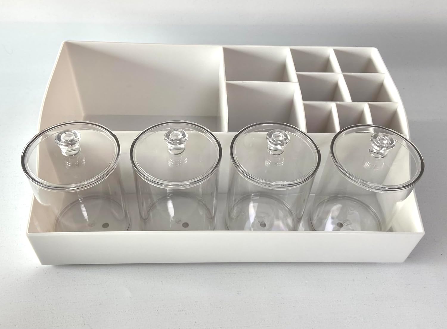 Vtopmart 8 PCS Bathroom Countertop Organizer, 1 Divided Tray with 4 Qtip Holder Jars and 3 Drawers, Restroom Clear Organizers for Toothbrush, Cotton Pads, Vanity Accessories Storage Set